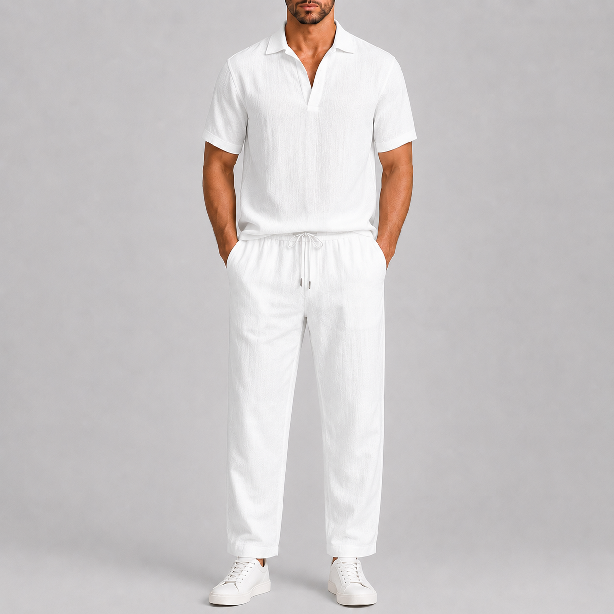 Set uomo in lino bianco – dettaglio del tessuto | Bella di Roma