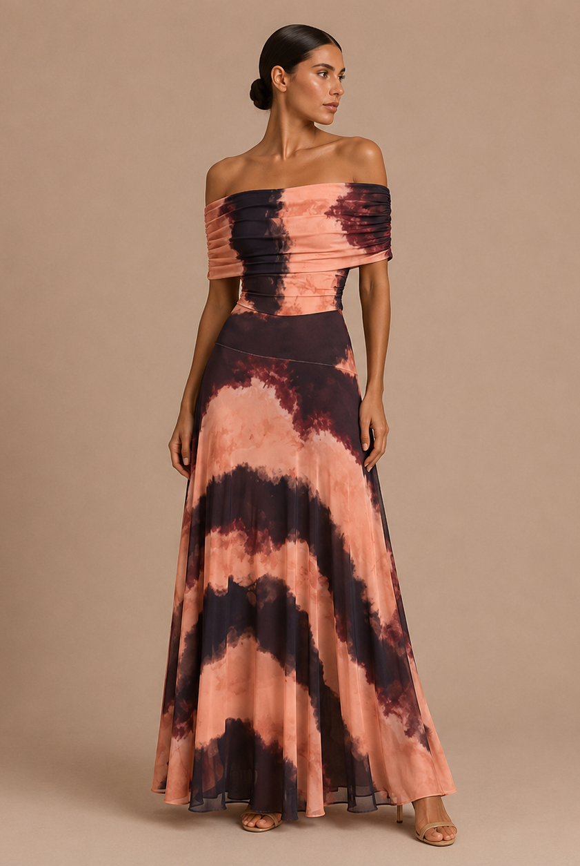 Abito Ingrid spalle scoperte caduta fluida tie-dye rosa nero | Bella di Roma
