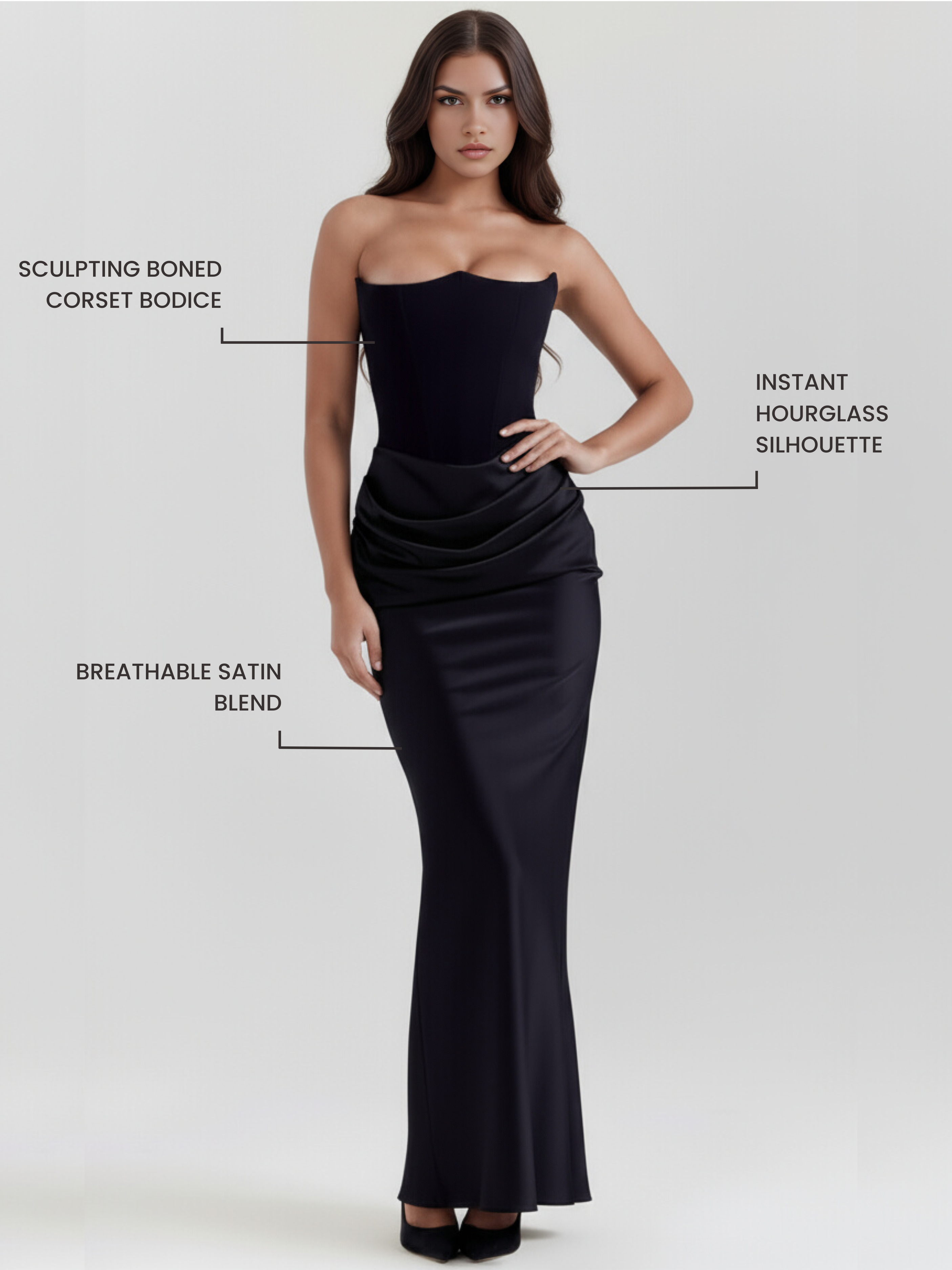 Abito midi Rosalind nero corsetto Bella di Roma – corsetto crepe elasticizzato