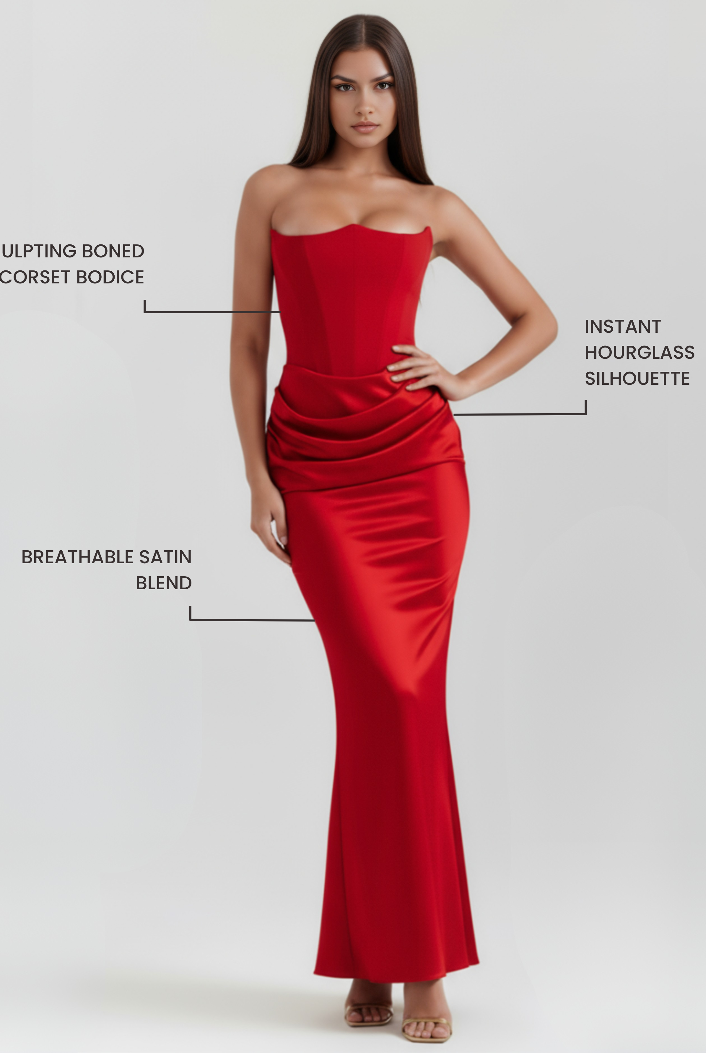 Abito maxi Rosalind corsetto rosso Bella di Roma – silhouette scultorea