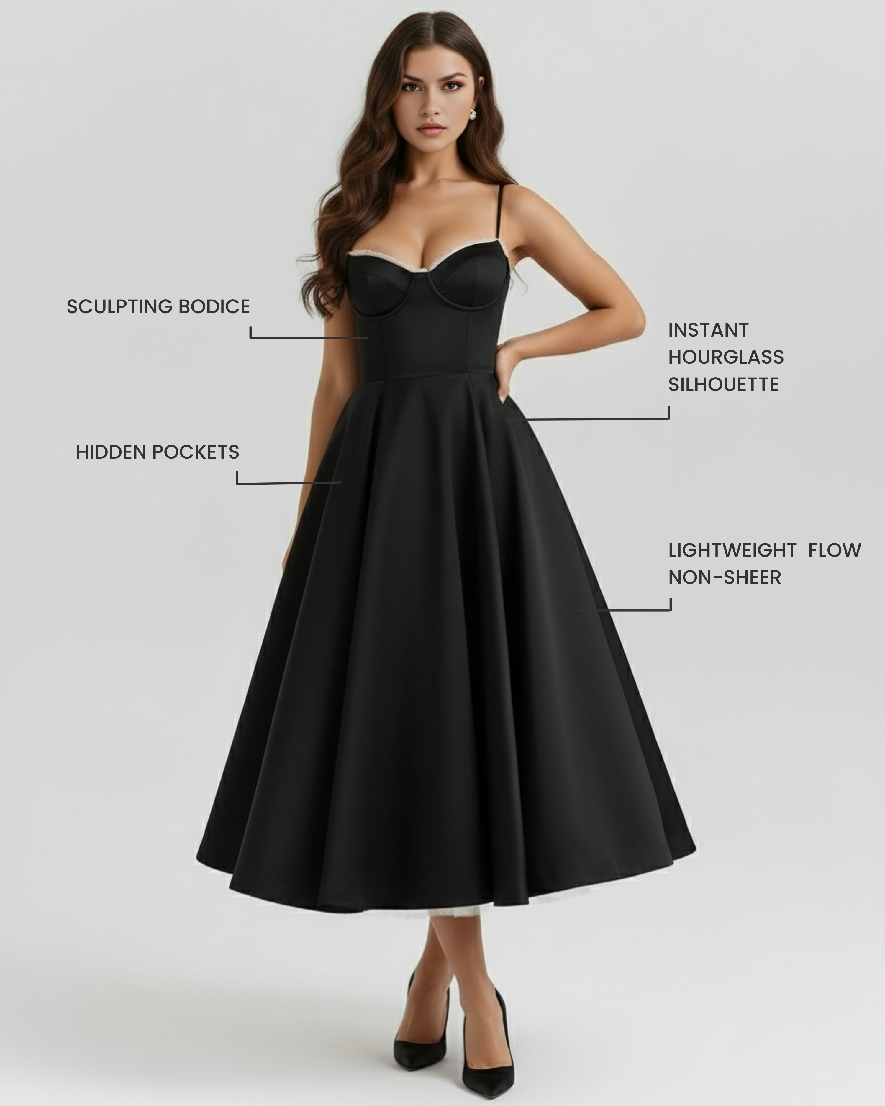 Abito Midi Selene Nero Satin Bella di Roma – dettaglio
