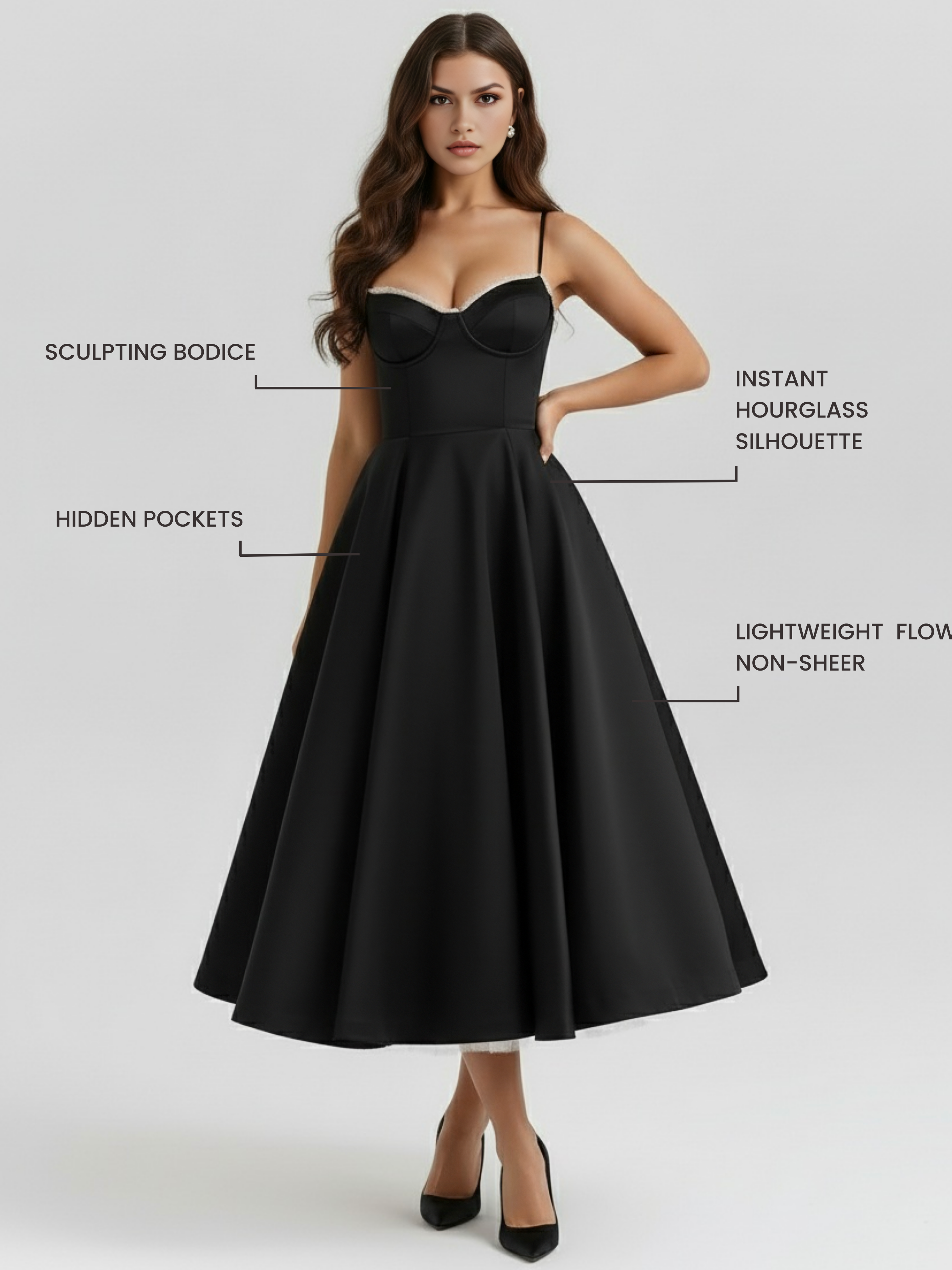 Abito midi Selene nero satin tulle Bella di Roma – gonna tulle voluminosa