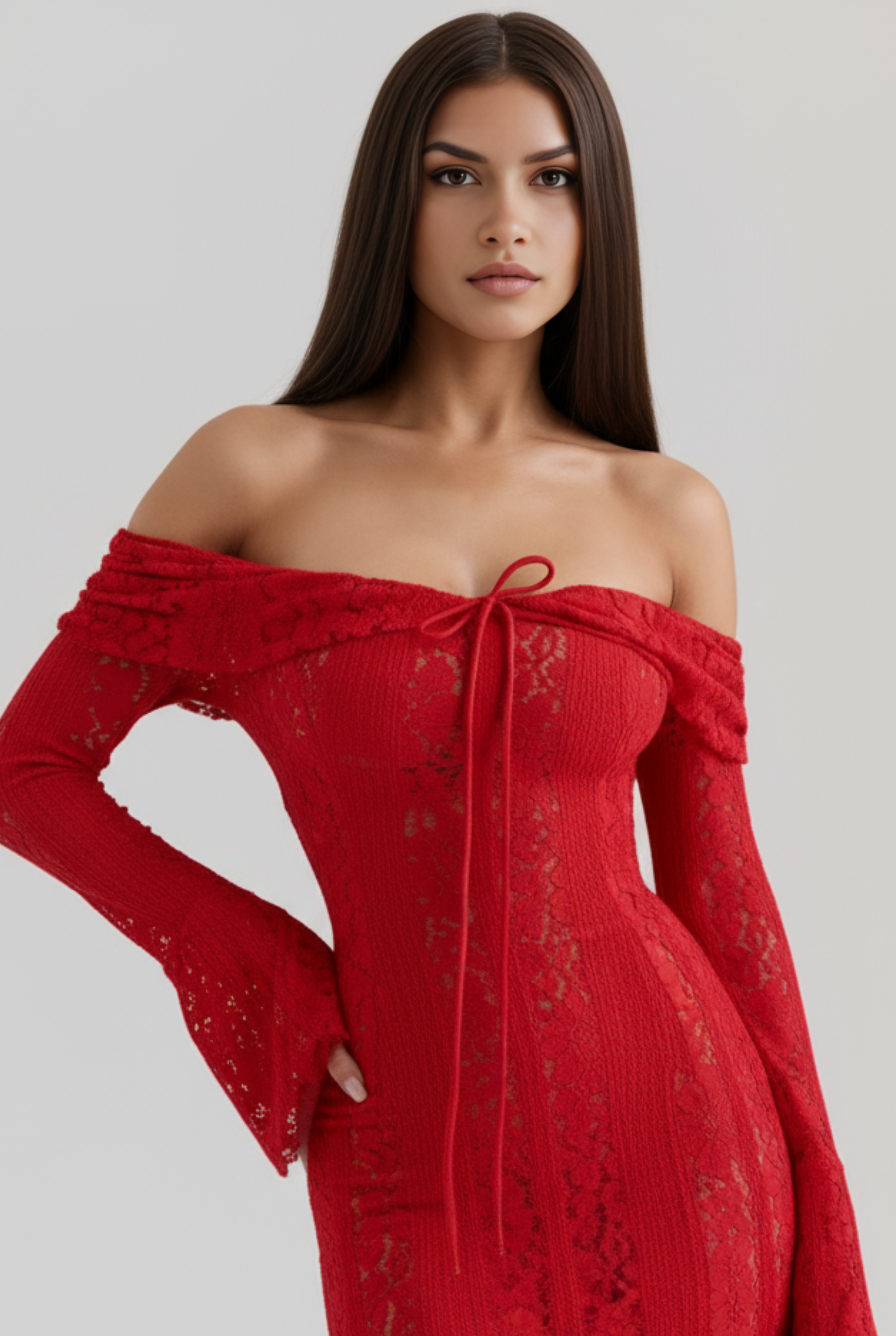 Abito maxi Alessandra pizzo floreale rosso Bella di Roma – gonna a godet