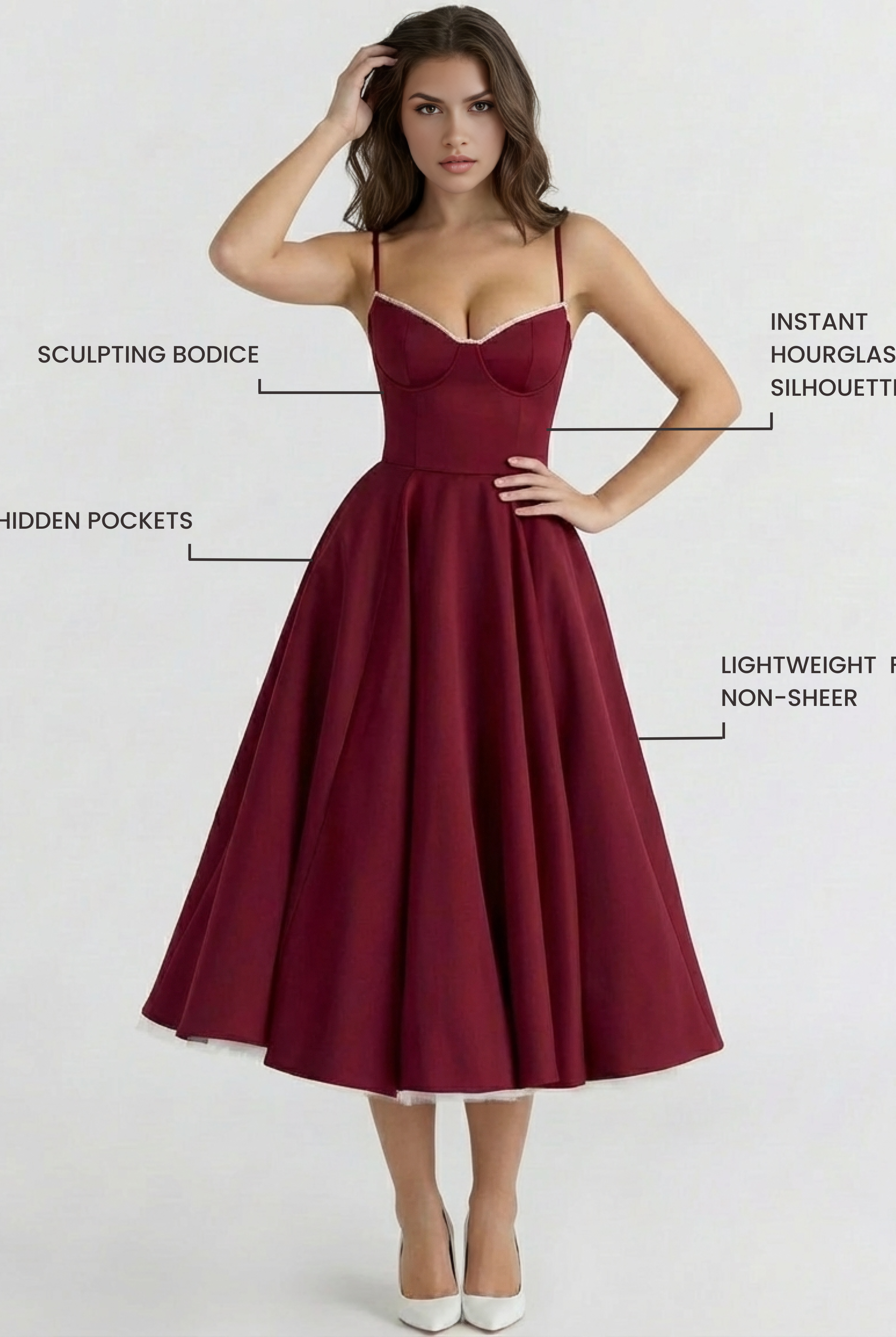 Abito midi Selene bordeaux gonna tulle Bella di Roma – scollo a cuore