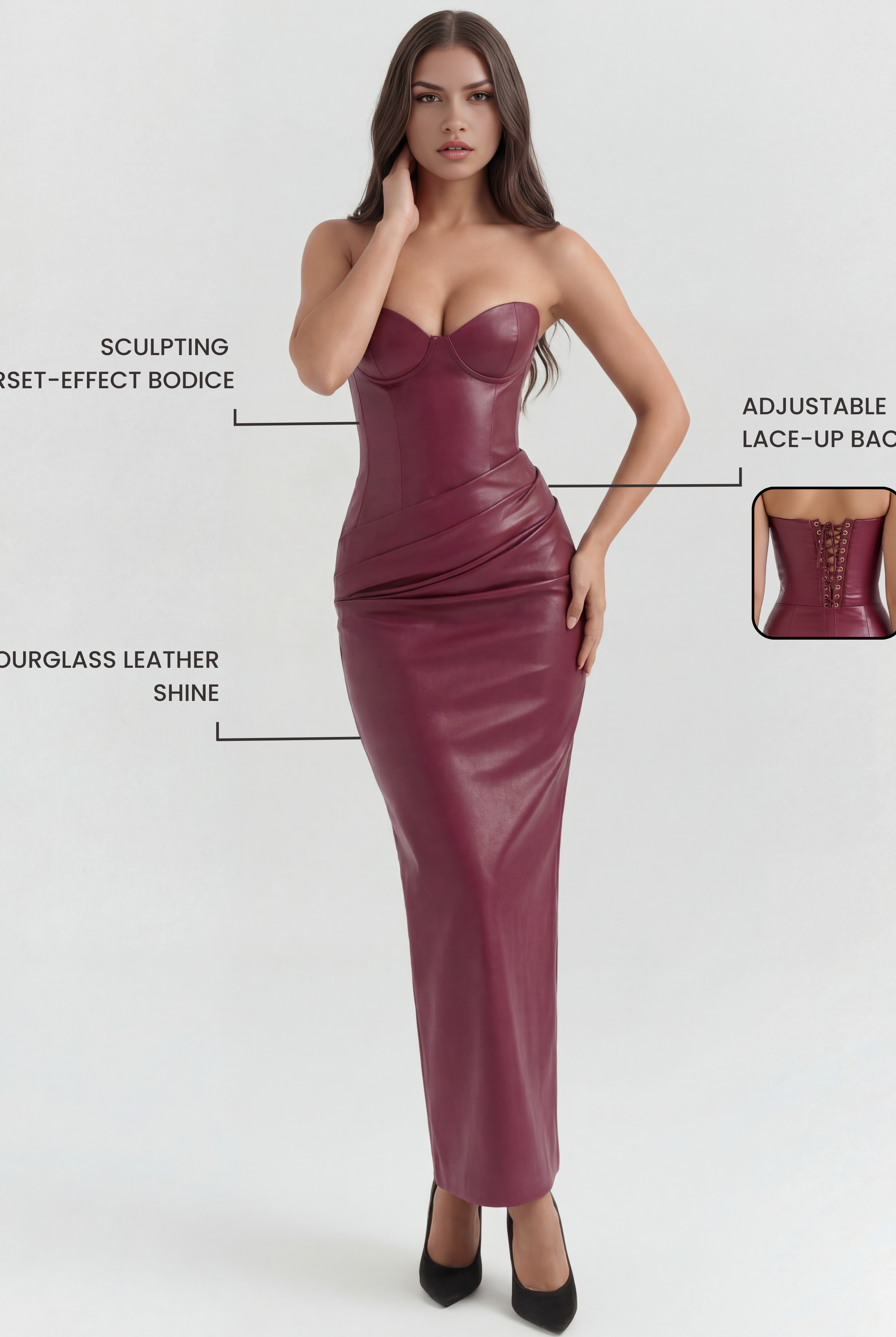 Abito midi Vanessa pelle vegan borgogna Bella di Roma – silhouette aderente