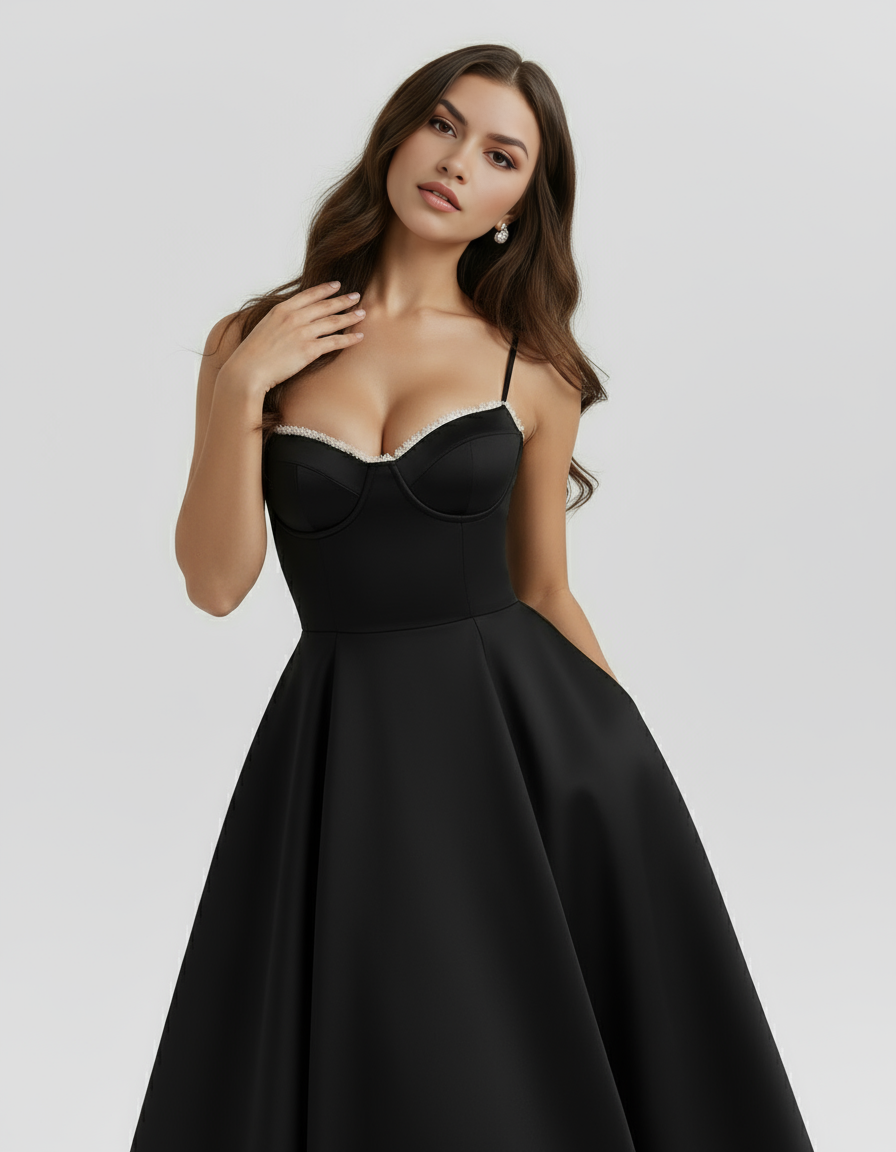 Abito midi Selene nero satin tulle Bella di Roma – taglie XS-XL