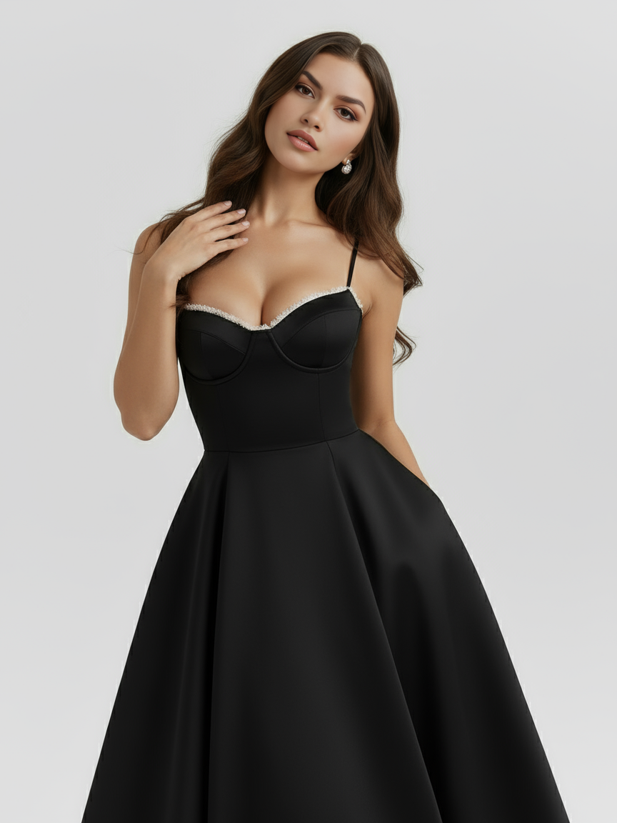 Abito midi Selene nero satin tulle Bella di Roma – look matrimonio ballo taglie XS-XL