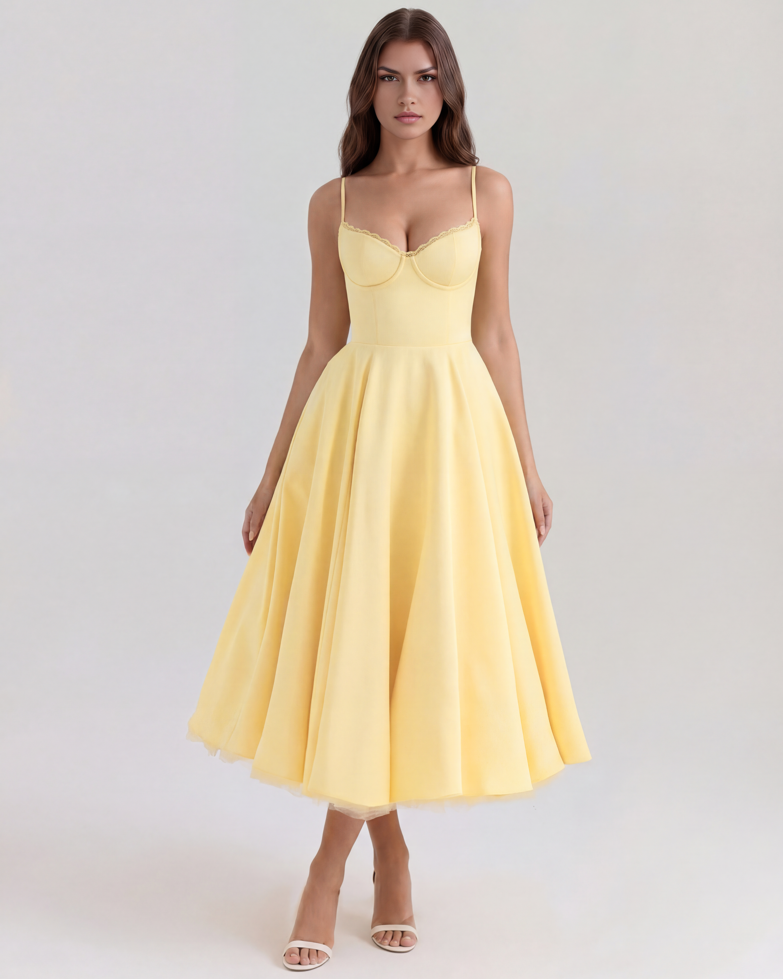 Abito Midi Selene Giallo Burro Satin Bella di Roma – vista frontale