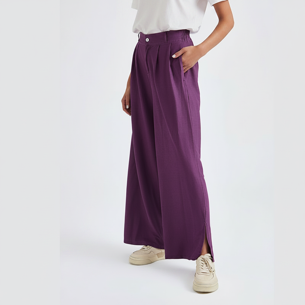 Pantaloni palazzo a vita alta color prugna con gamba larga