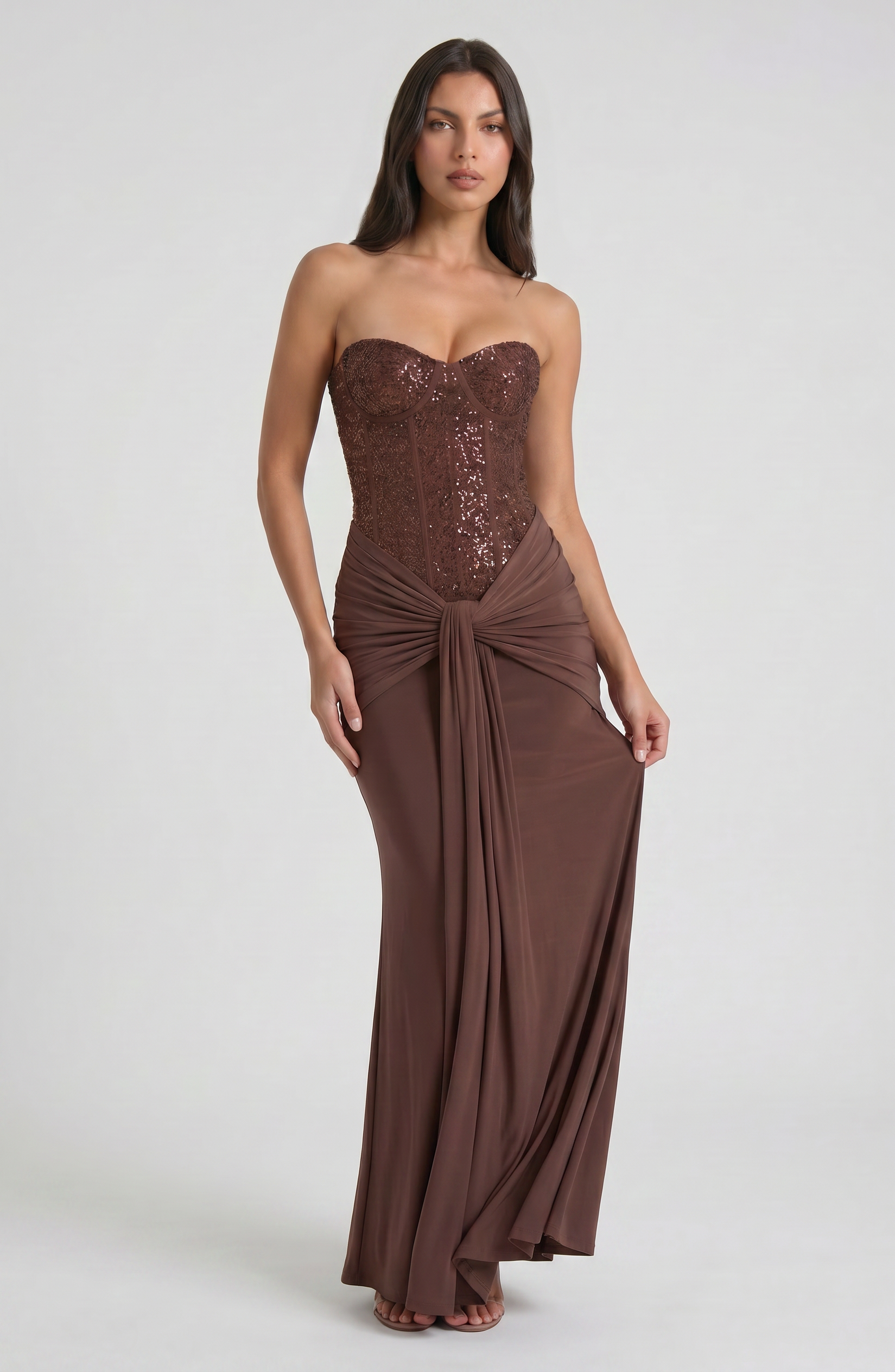 Abito maxi Gelsomino cioccolato Bella di Roma – design romantico femminile