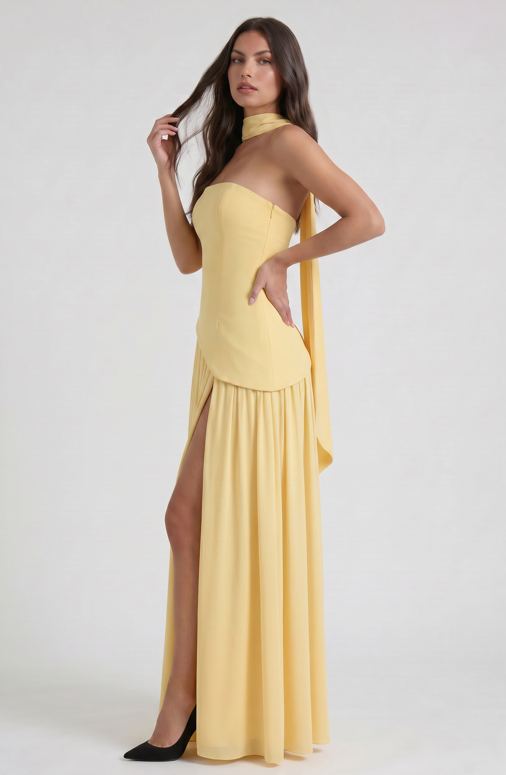 Abito maxi Serena giallo burro Bella di Roma – silhouette valorizzante