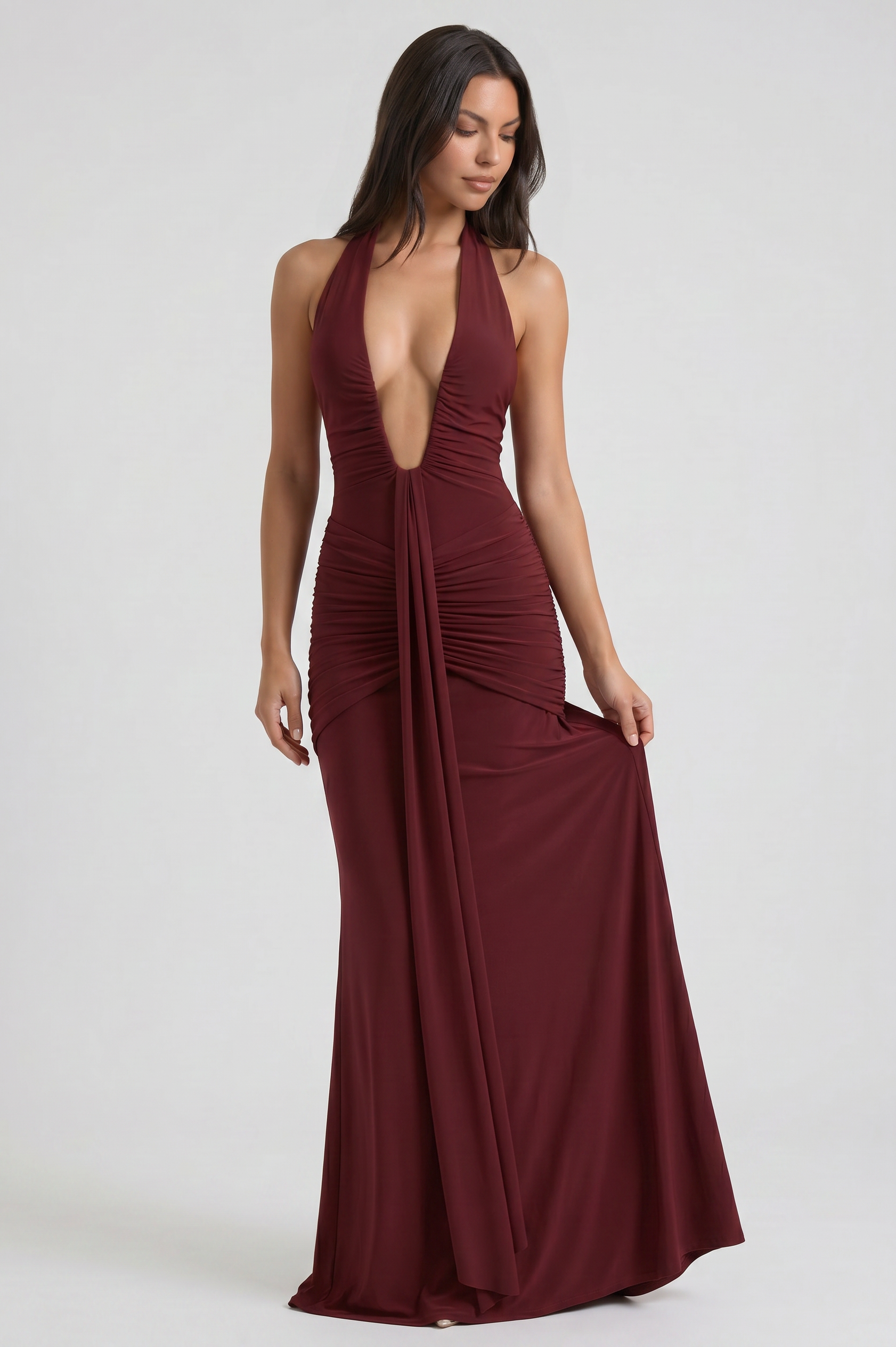 Abito maxi Ariel bordeaux strascico Bella di Roma – gonna con strascico