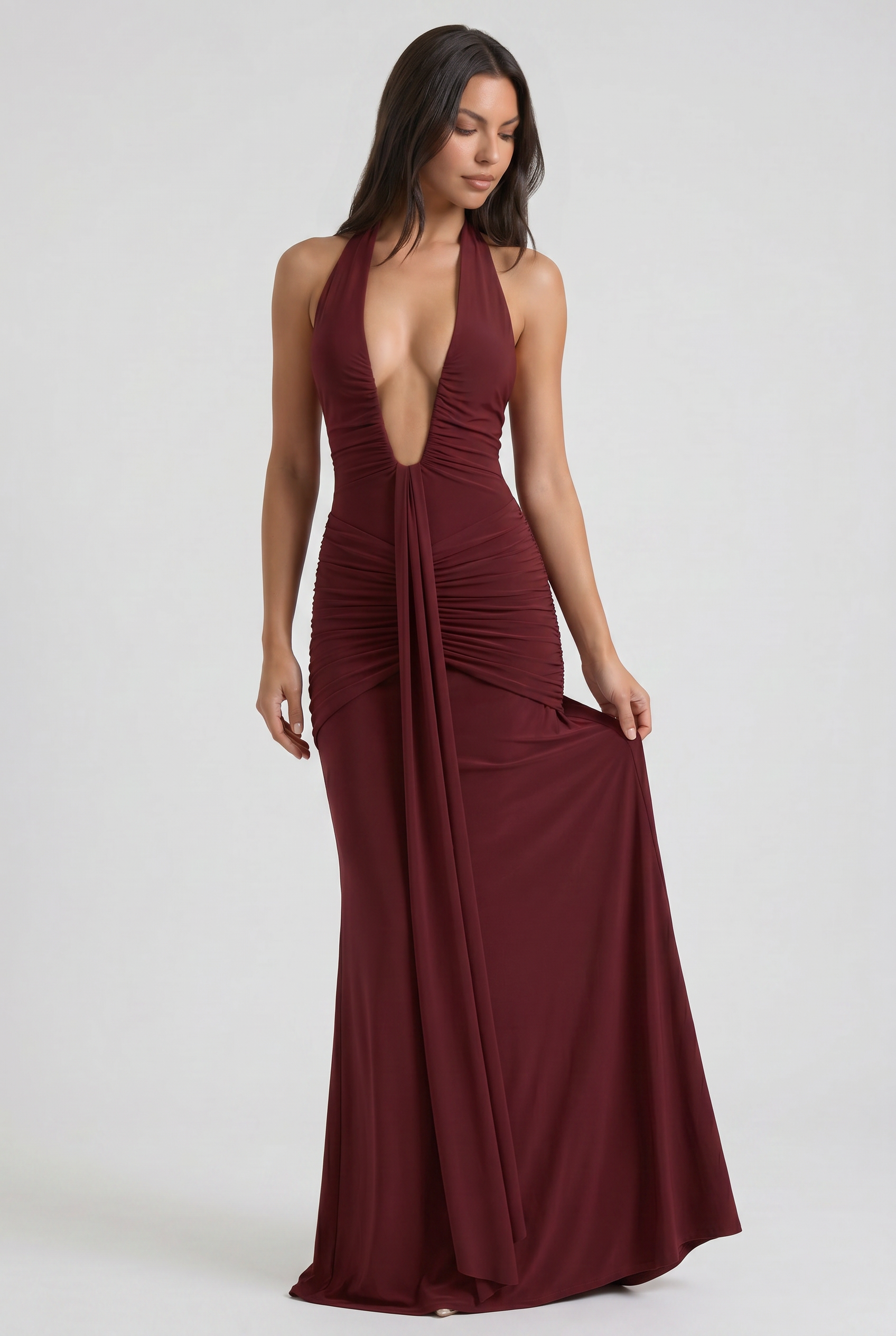 Abito maxi Ariel bordeaux strascico Bella di Roma – gonna con strascico