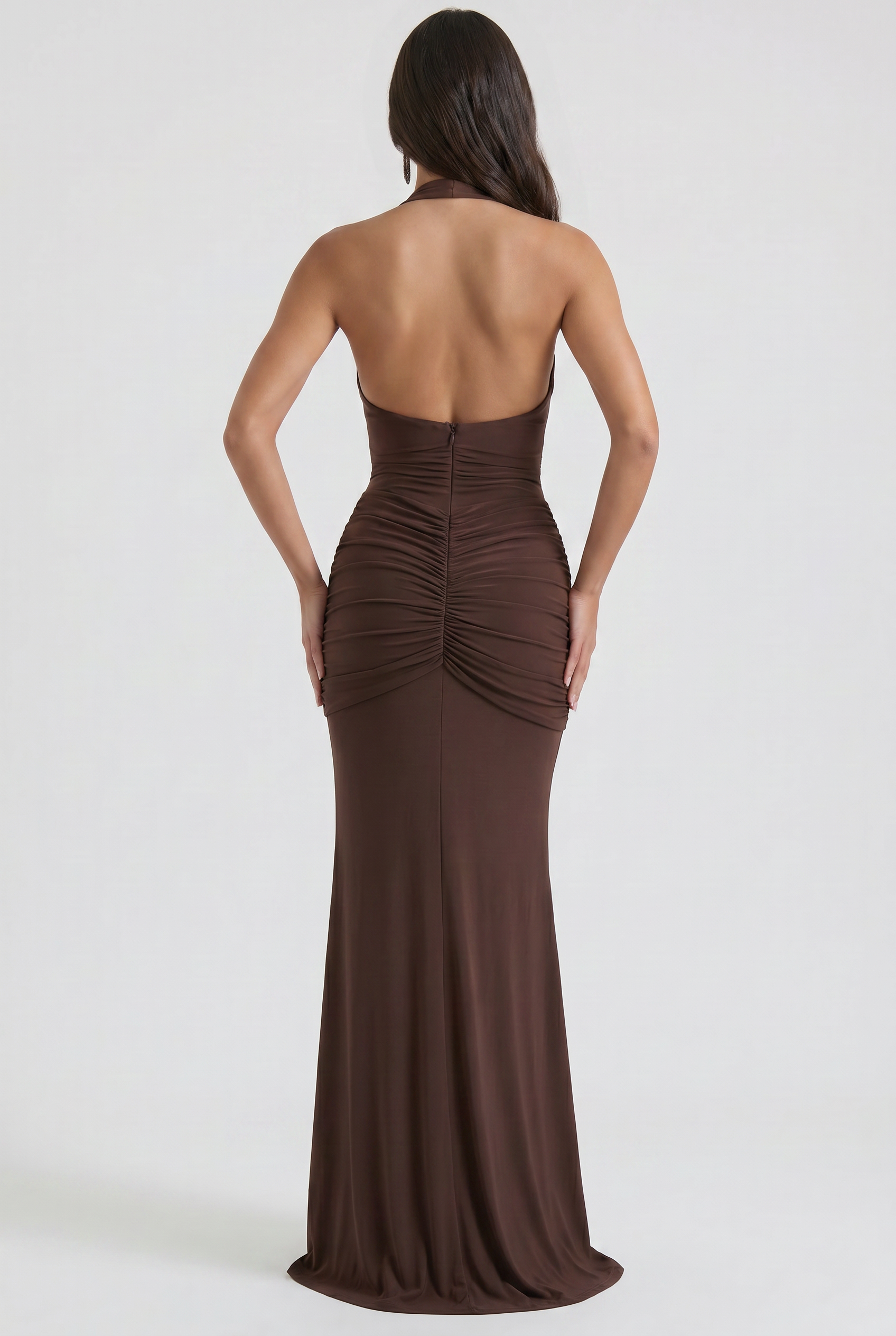 Abito maxi Ariel marrone strascico Bella di Roma – arricchiamenti fianchi