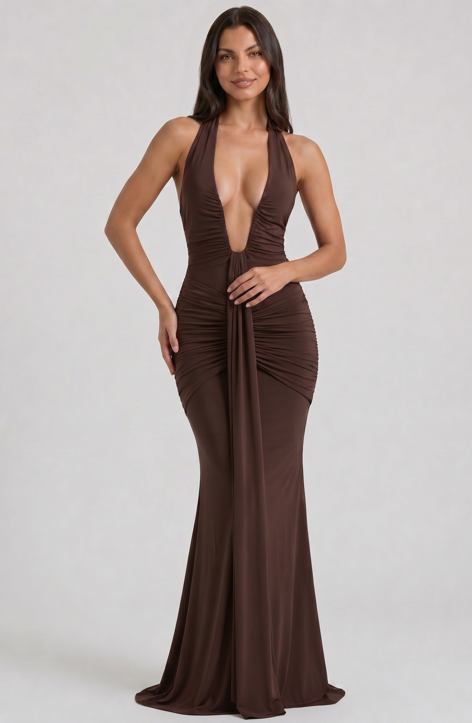 Abito maxi Ariel marrone strascico Bella di Roma – taglie XS-XL
