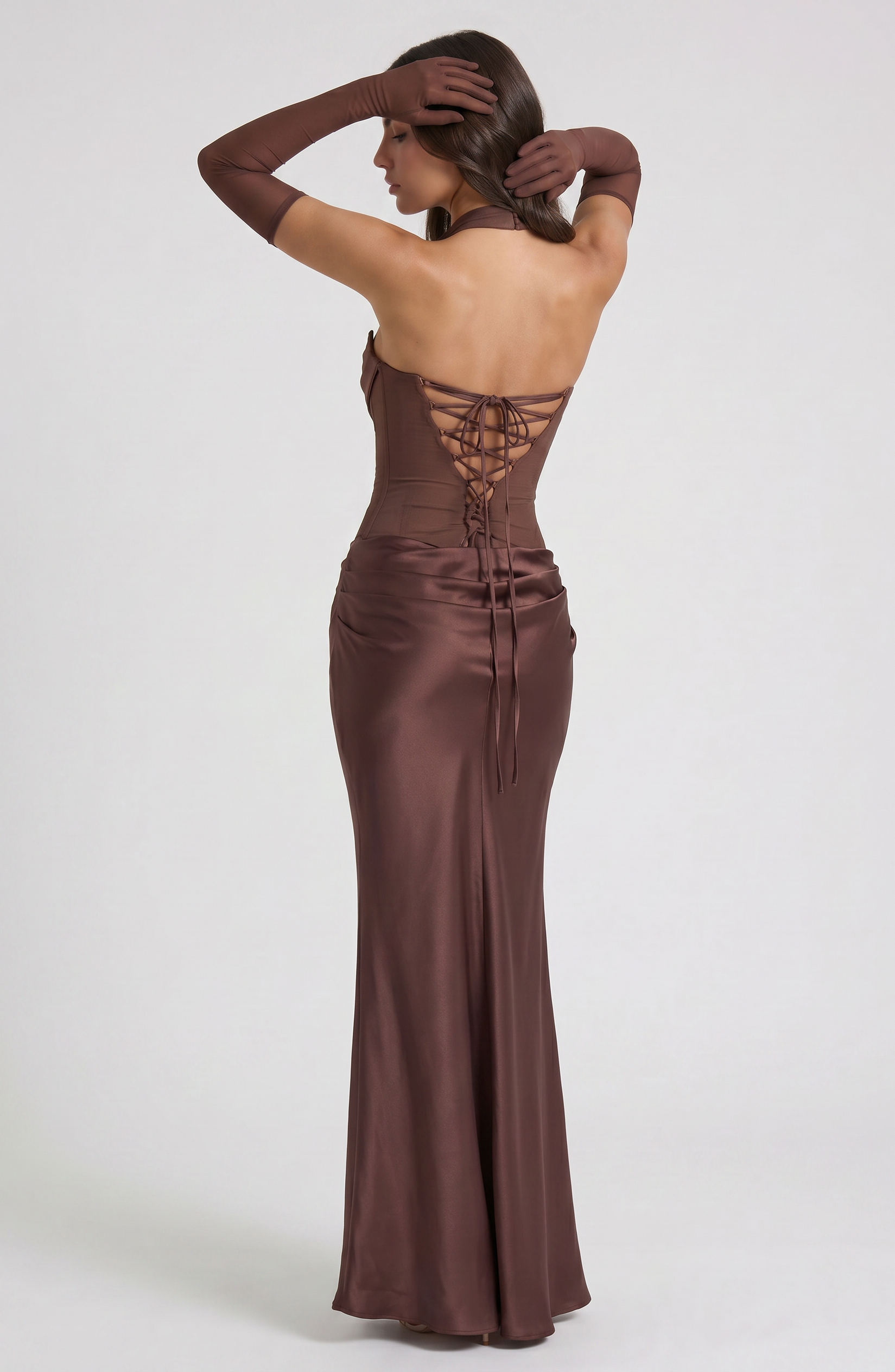 Abito maxi Vittoria marrone Bella di Roma – look matrimonio autunnale gala
