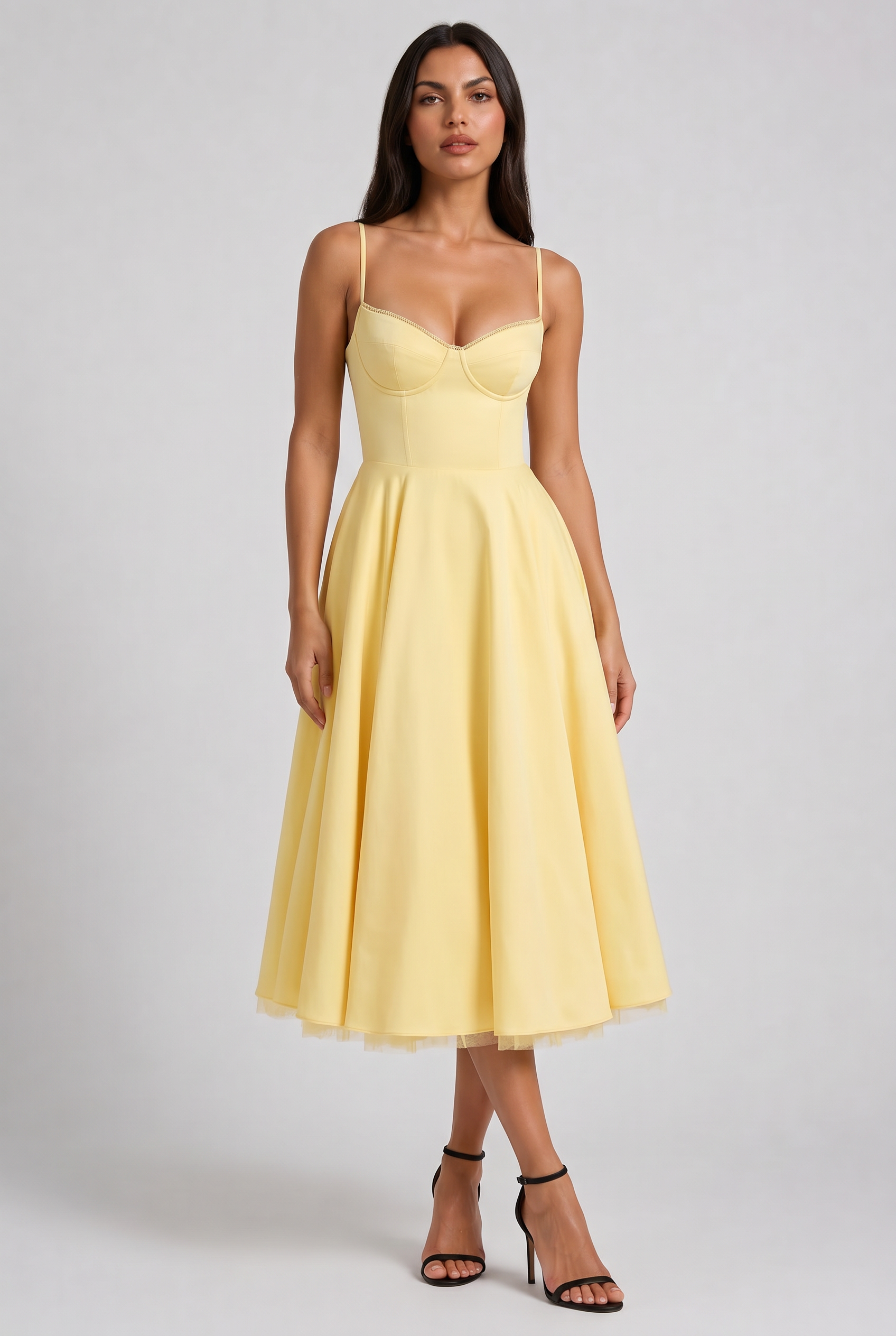 Abito Midi Selene Giallo Burro Satin Bella di Roma – vista frontale