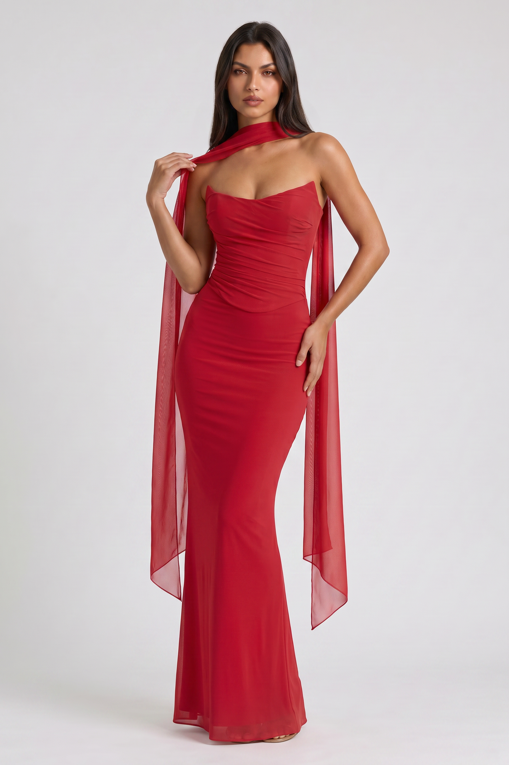 Set maxi Malu rosso rete corsetto Bella di Roma – vista frontale