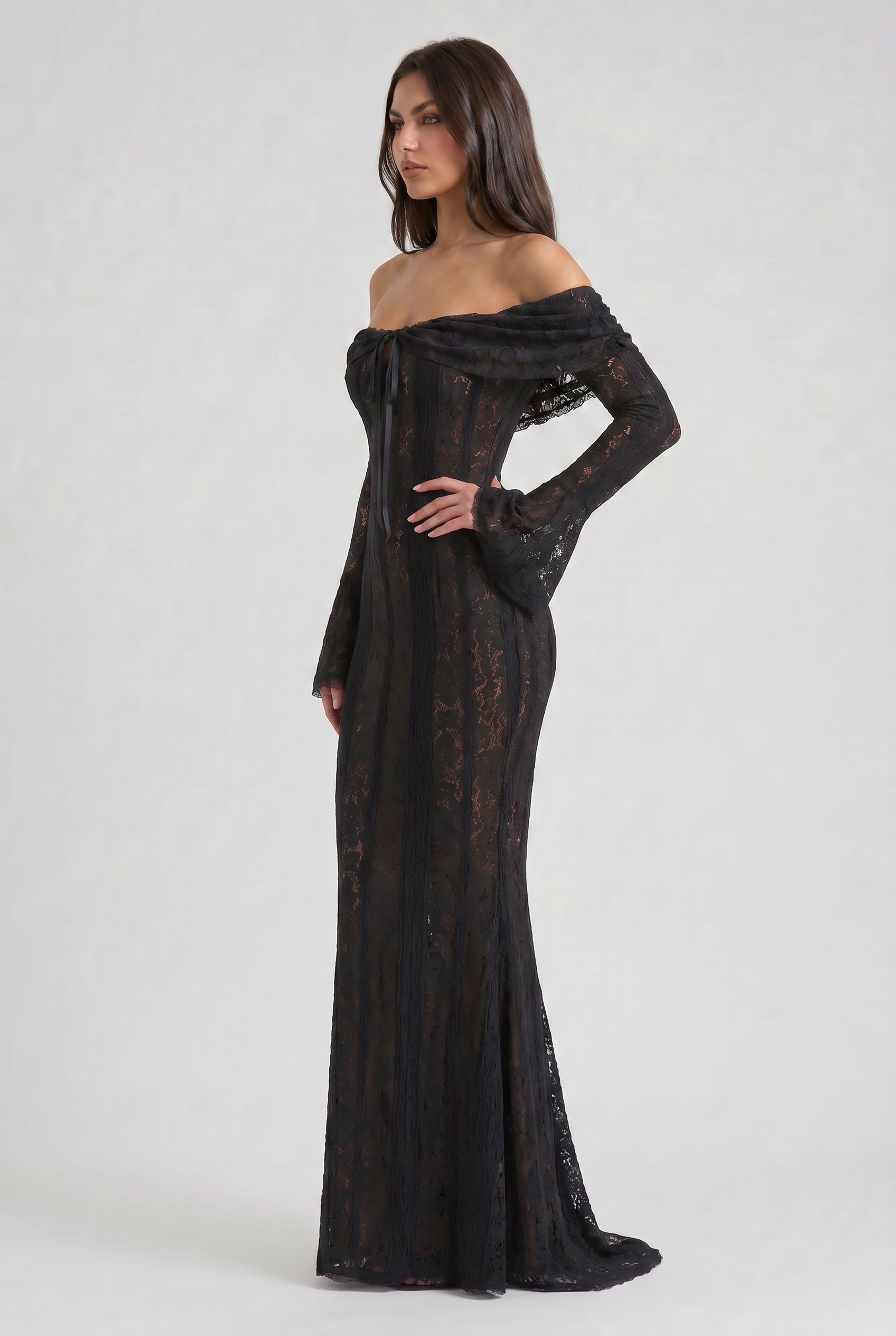 Abito maxi Alessandra nero schiena scoperta Bella di Roma – corsetto floreale