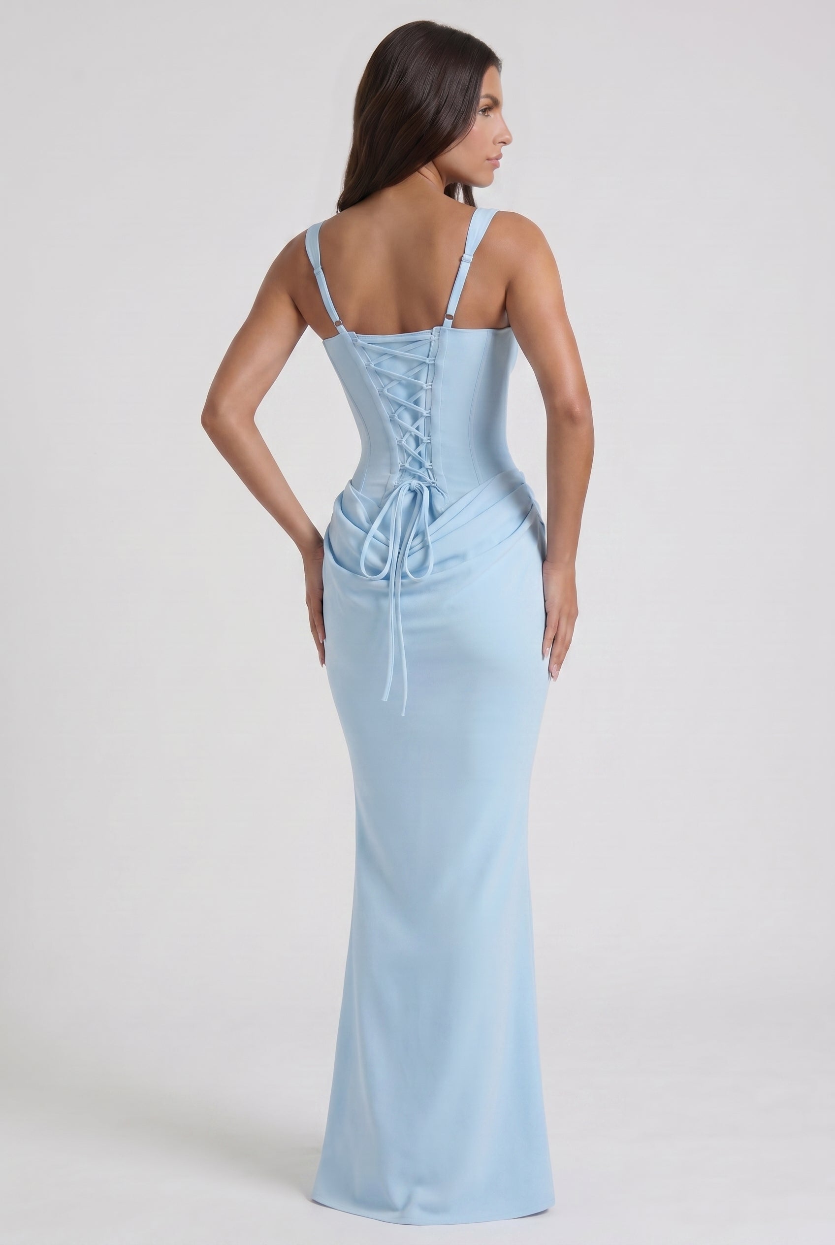 Abito maxi Éléonora satin blu baby Bella di Roma – dettaglio spalline