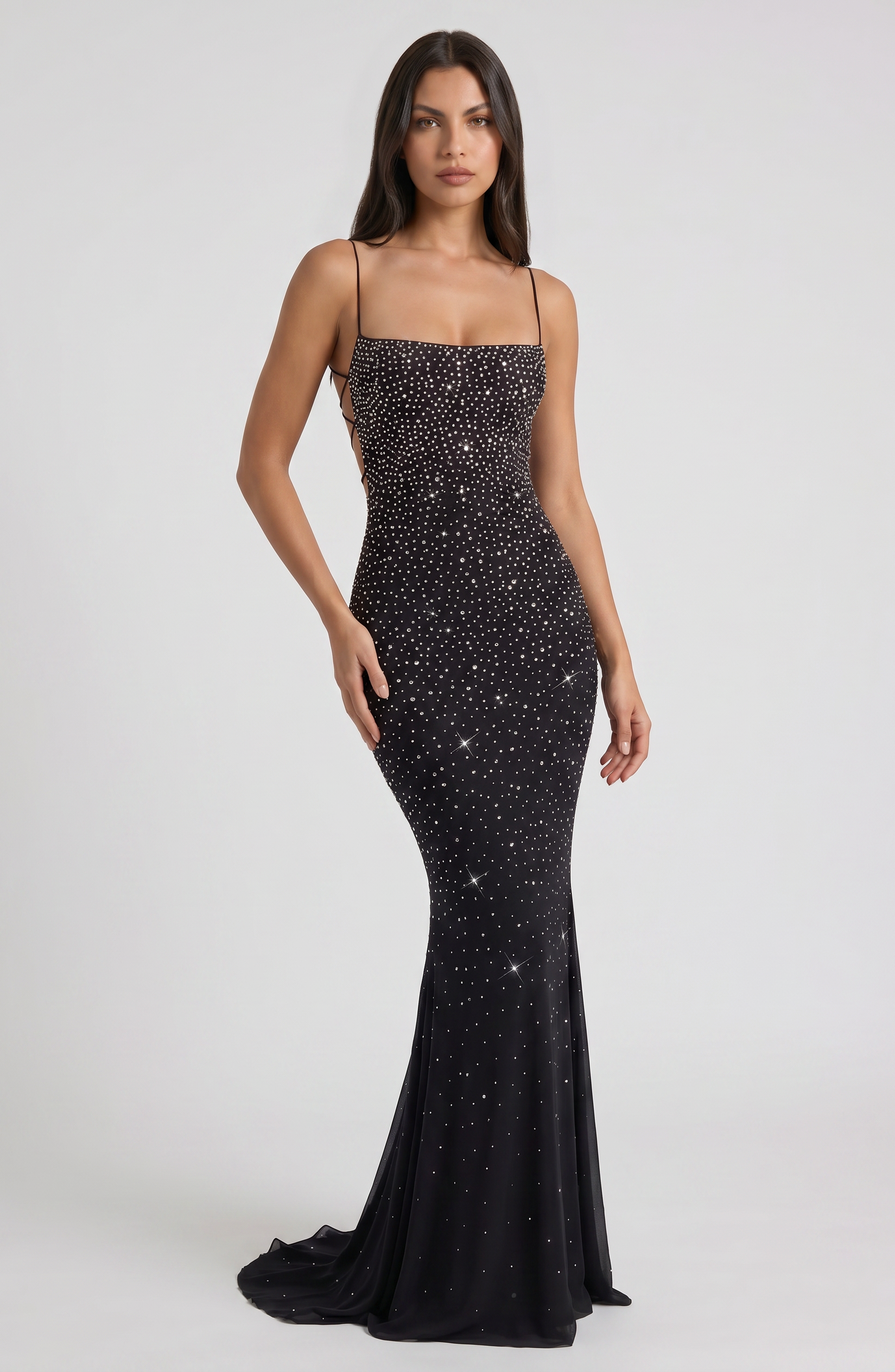 Abito maxi Lumina nero sirena strass Bella di Roma – vista frontale