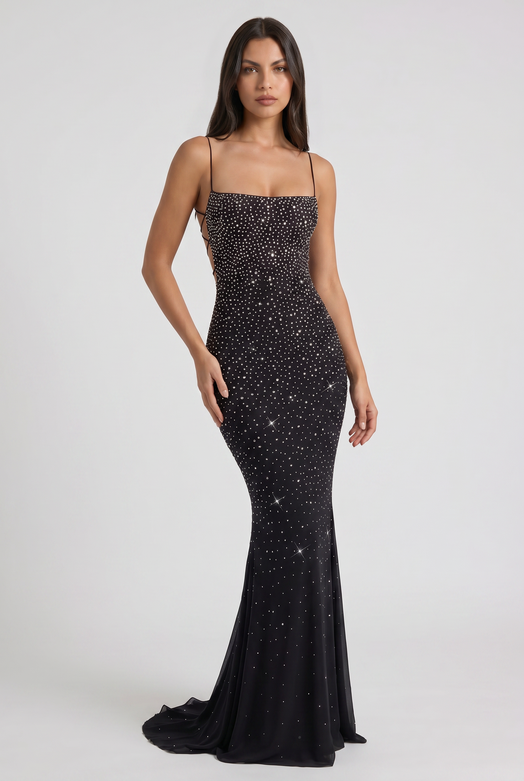 Abito maxi Lumina nero sirena strass Bella di Roma – vista frontale