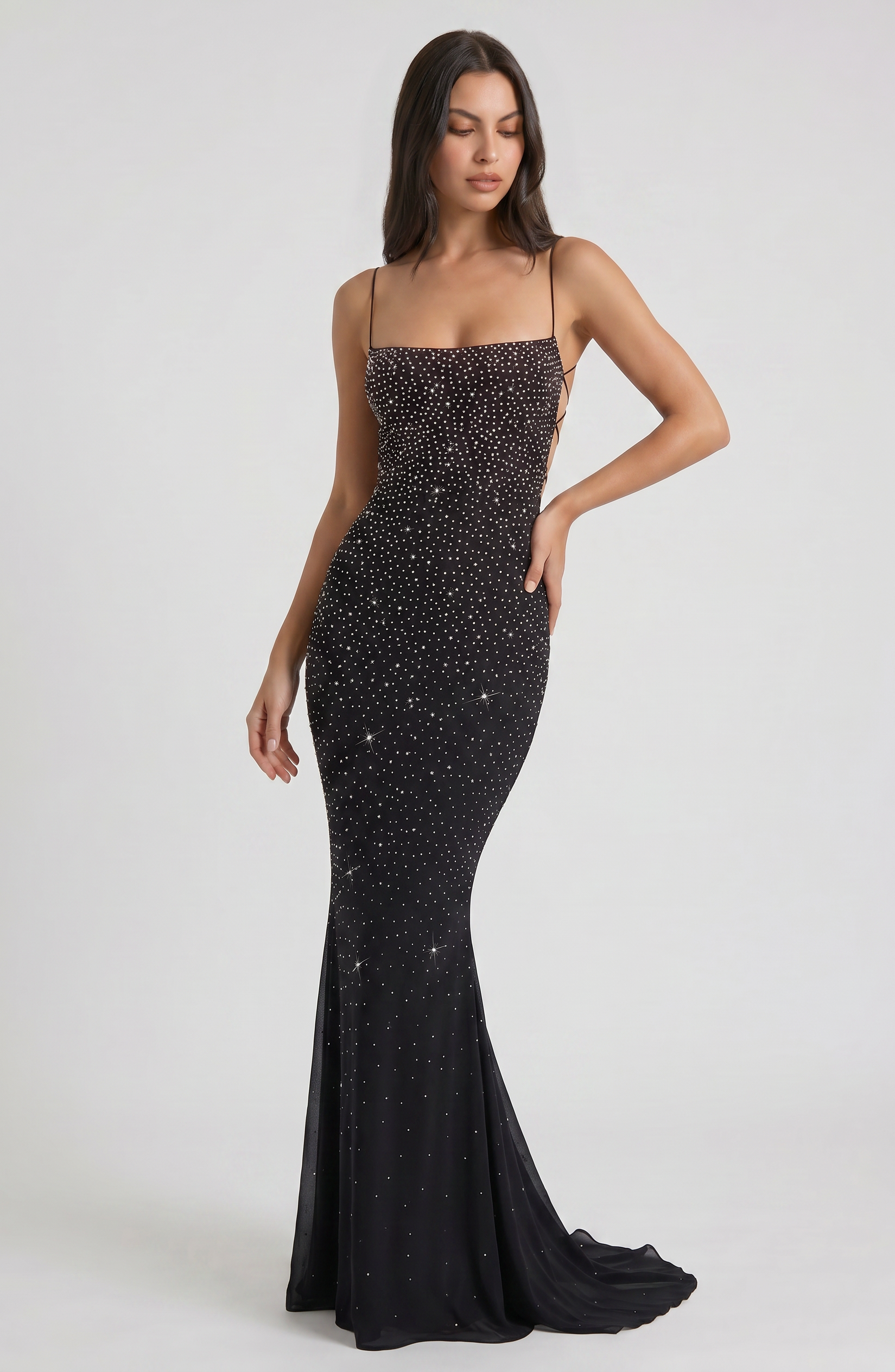 Abito maxi Lumina nero sirena strass Bella di Roma – rete nera scintillante