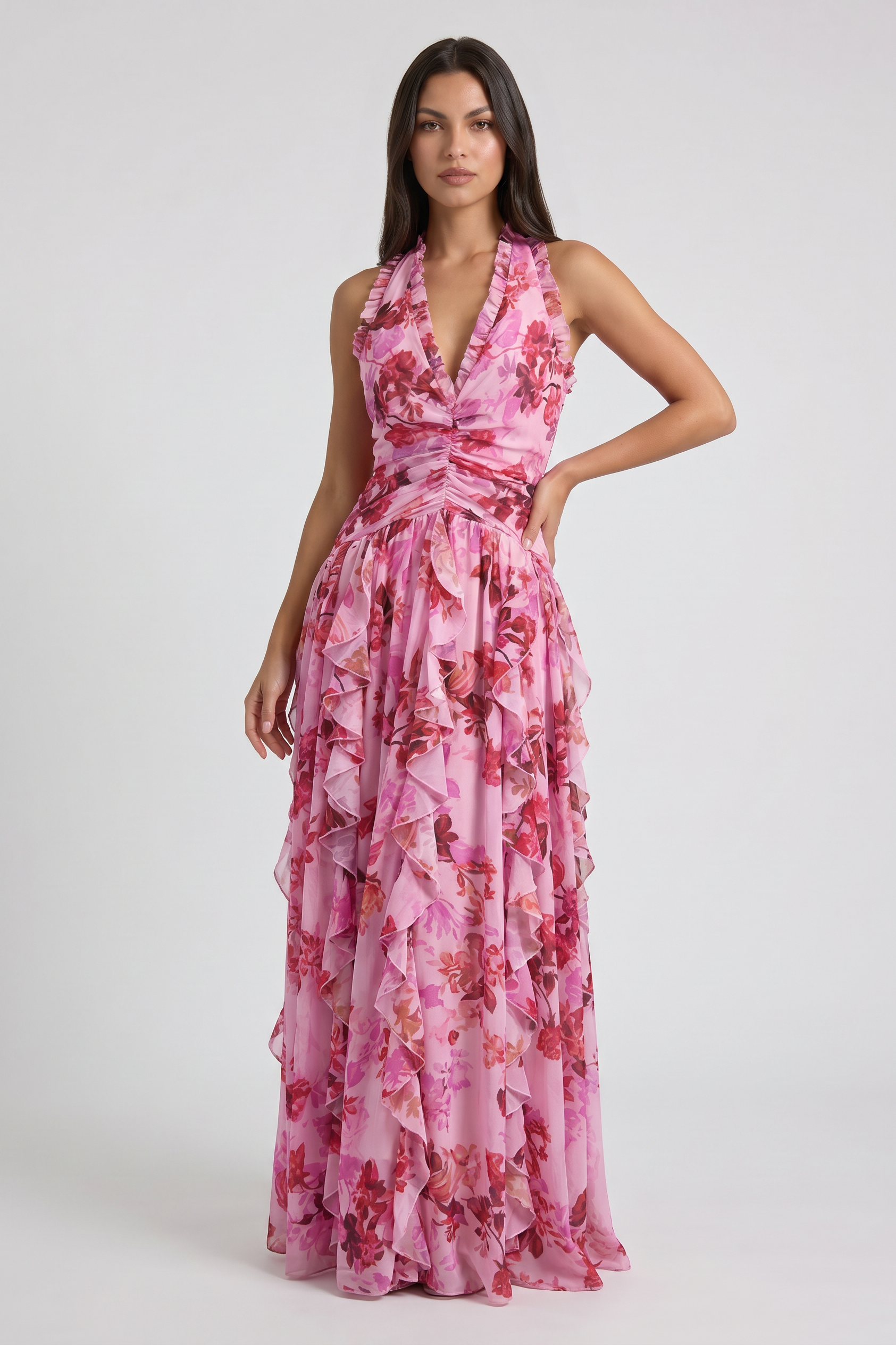 Abito maxi Belladina floreale rosa Bella di Roma – vista frontale schiena nuda