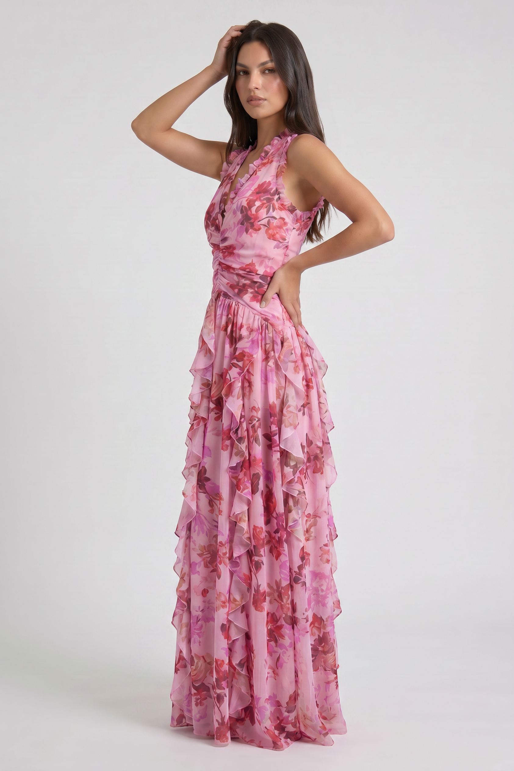 Abito maxi Belladina floreale rosa Bella di Roma – corpetto arricciato