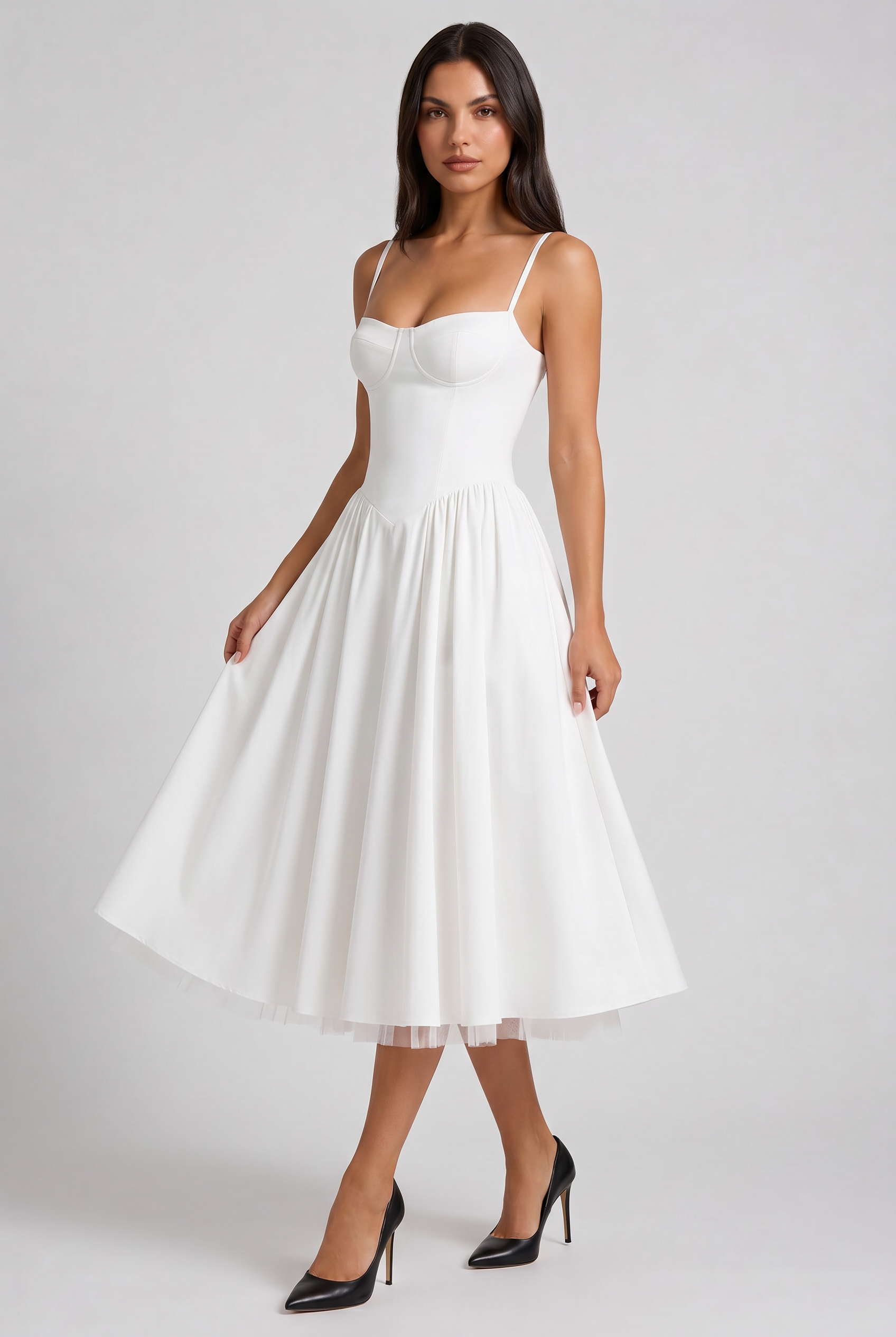 Abito Midi Selene Bianco Blu Baby Satin Bella di Roma – vista frontale