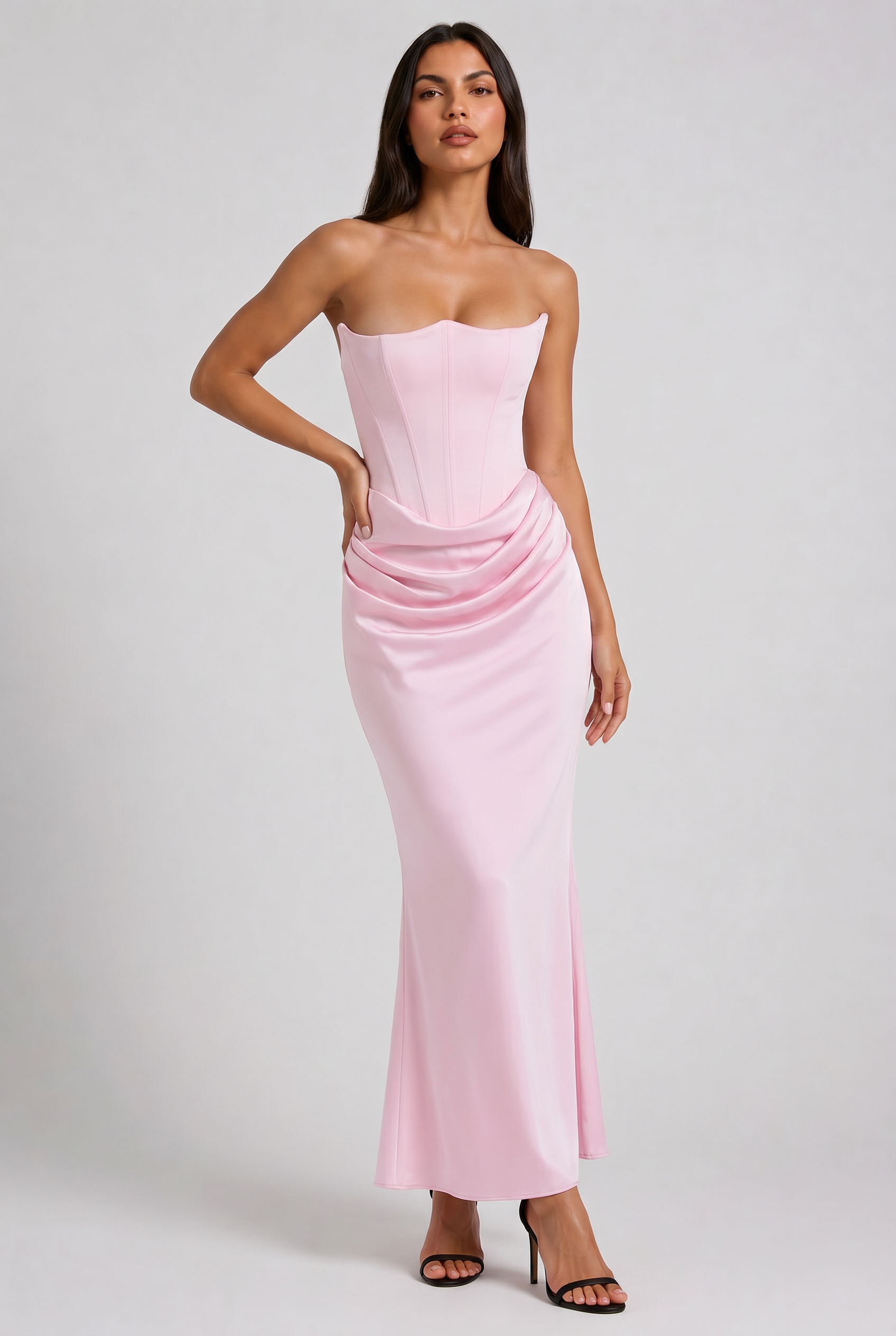 Abito maxi Tessa satin corsetto rosa Bella di Roma – vista frontale