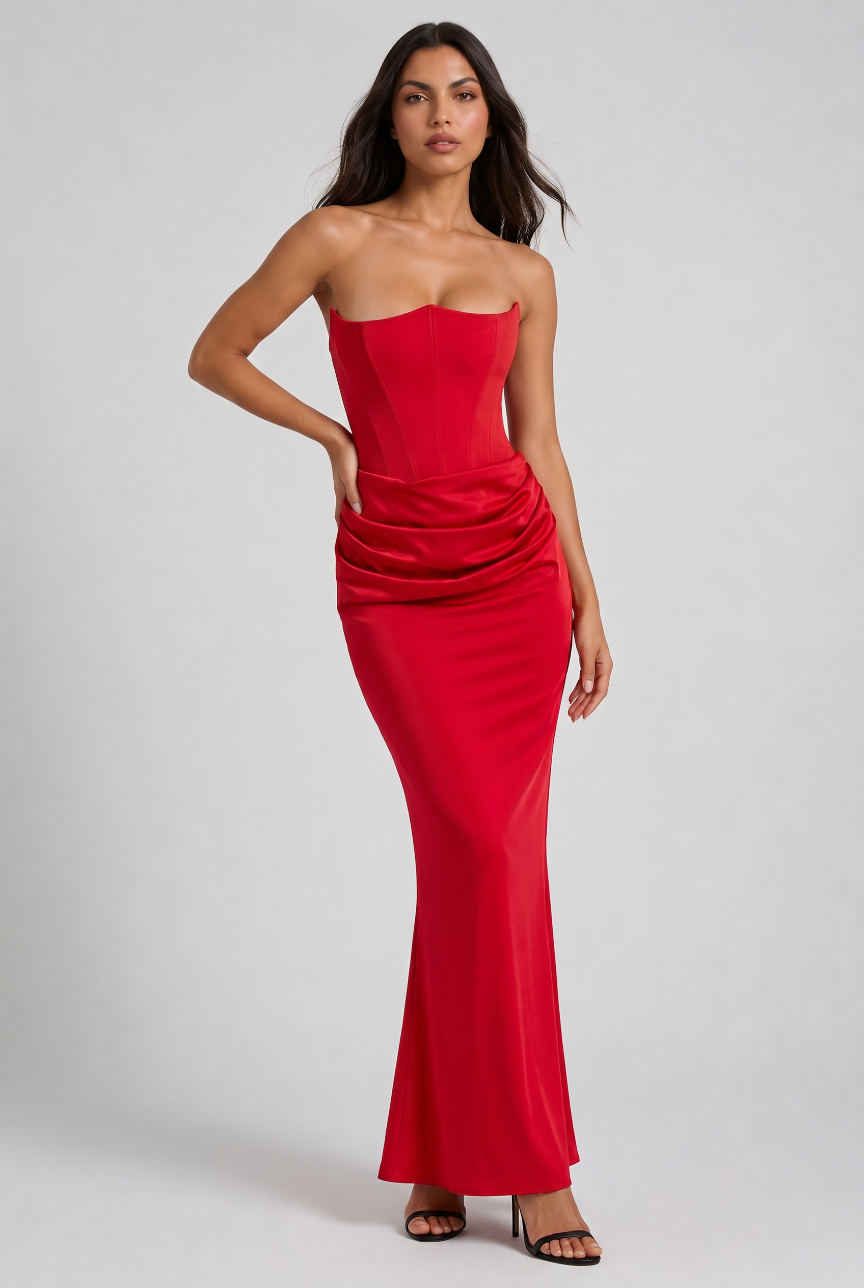 Abito maxi Tessa satin corsetto rosso Bella di Roma – vista frontale