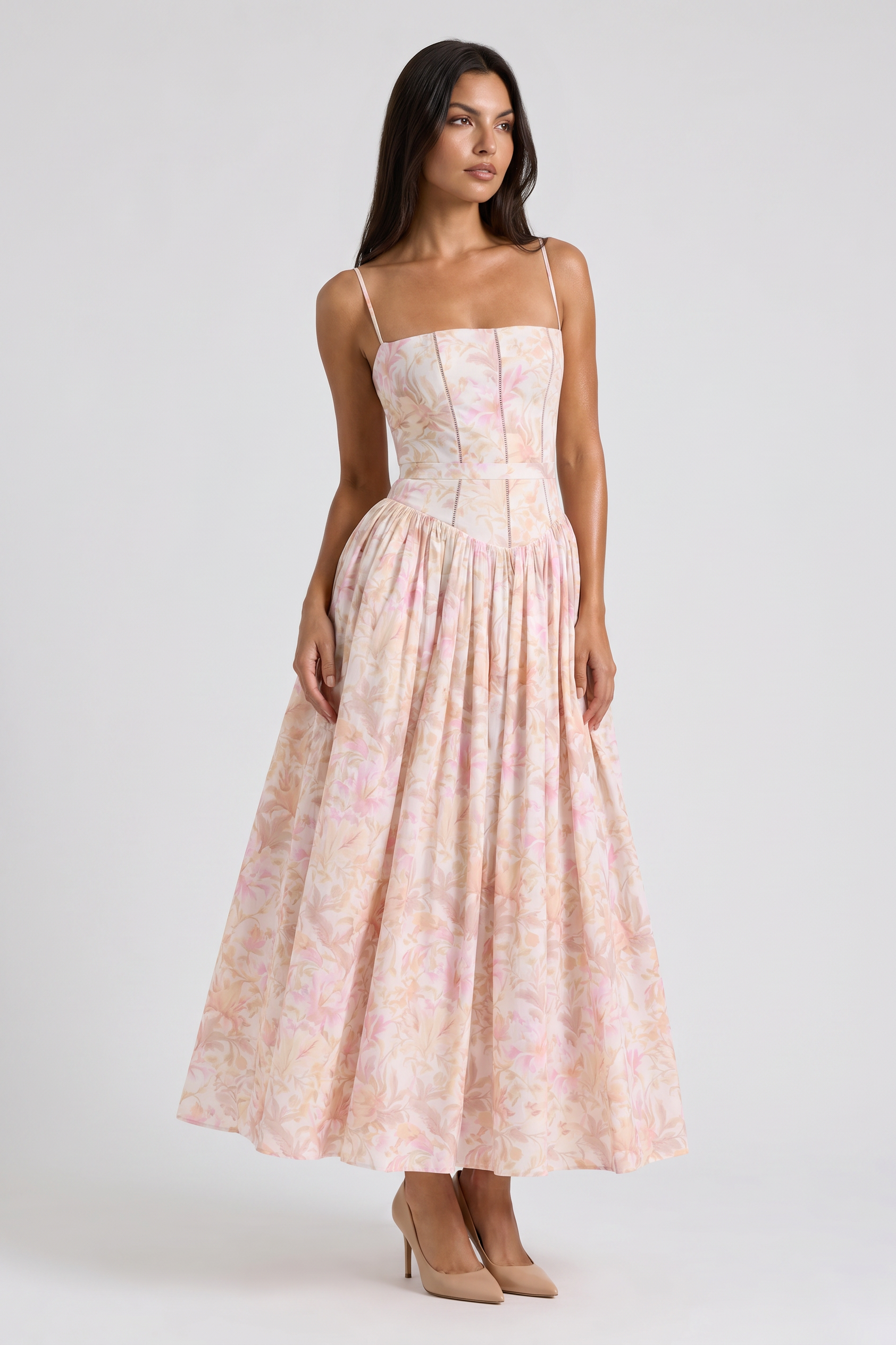 Abito maxi Imogen floreale bianco Bella di Roma – vista frontale corsetto