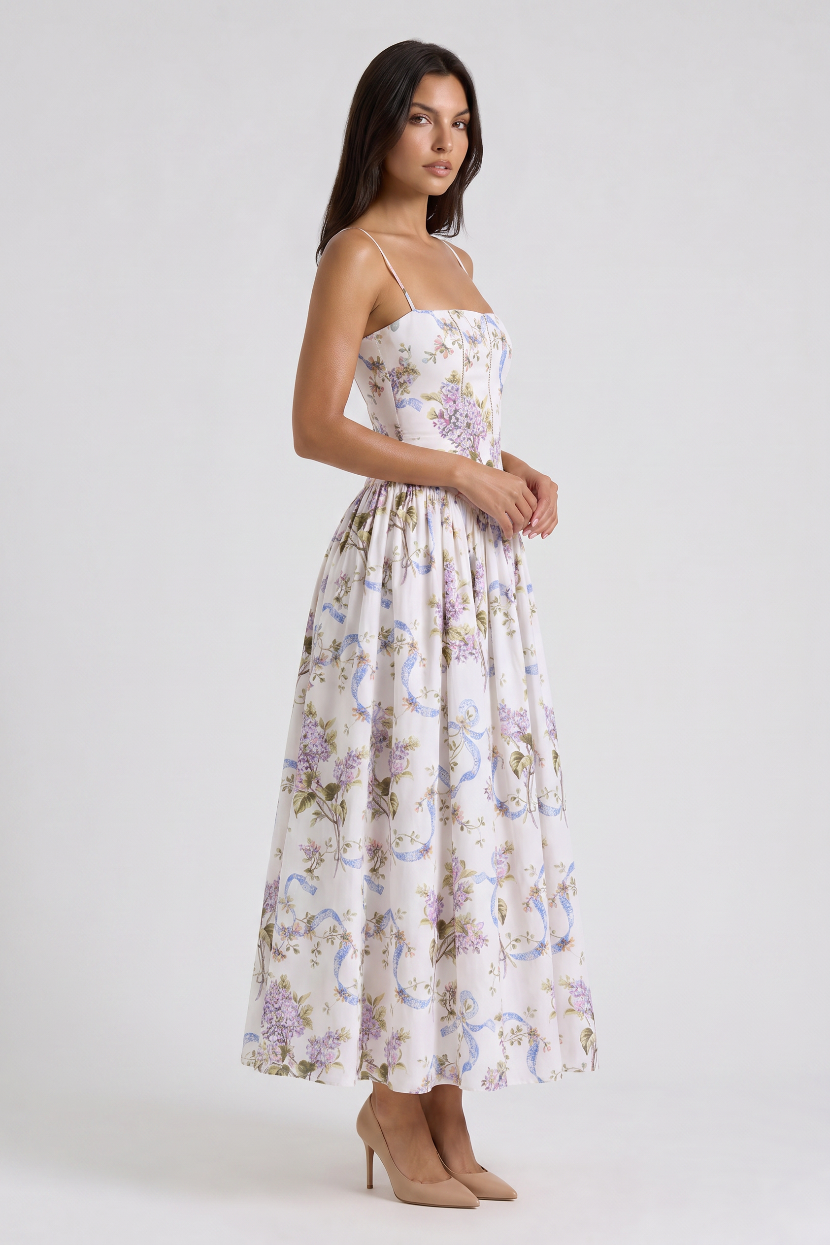 Abito maxi Imogen floreale rosa Bella di Roma – corsetto aderente