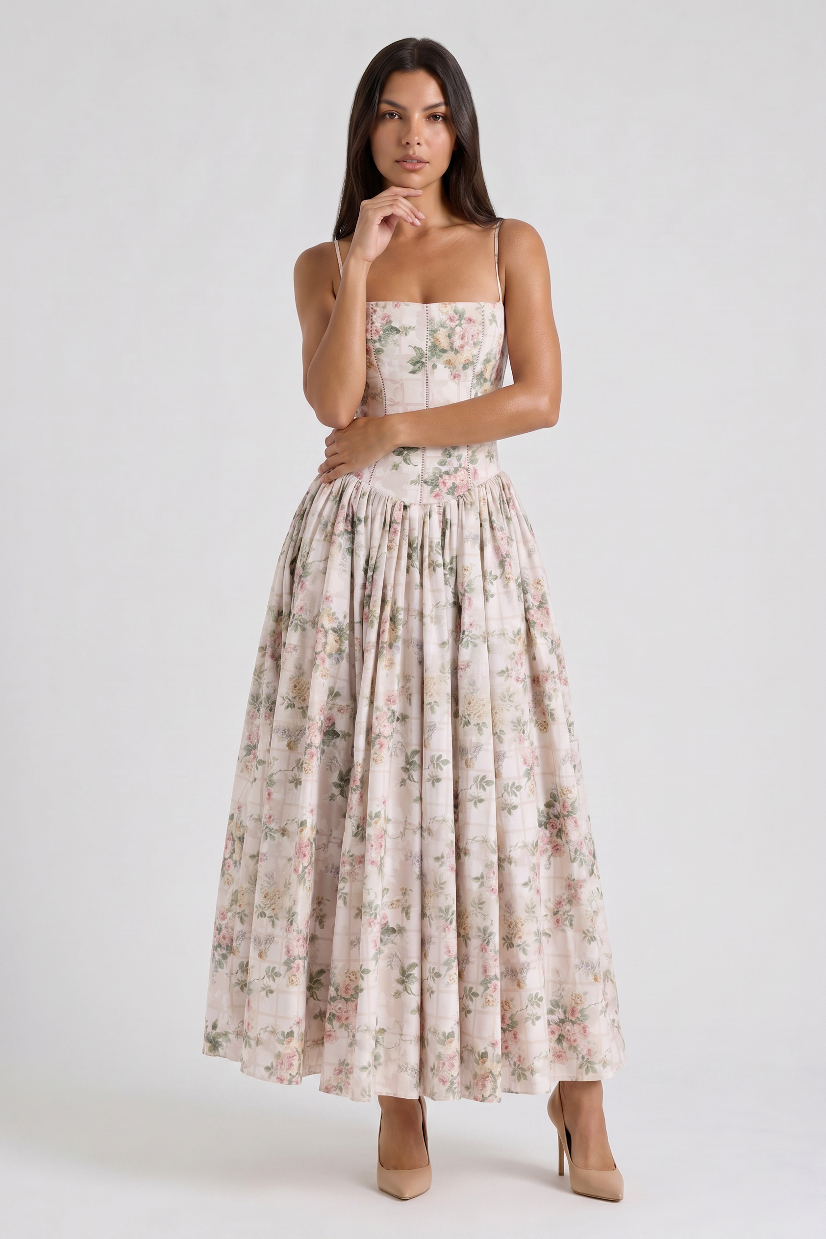 Abito maxi Imogen bianco chewing-gum Bella di Roma – silhouette romantica