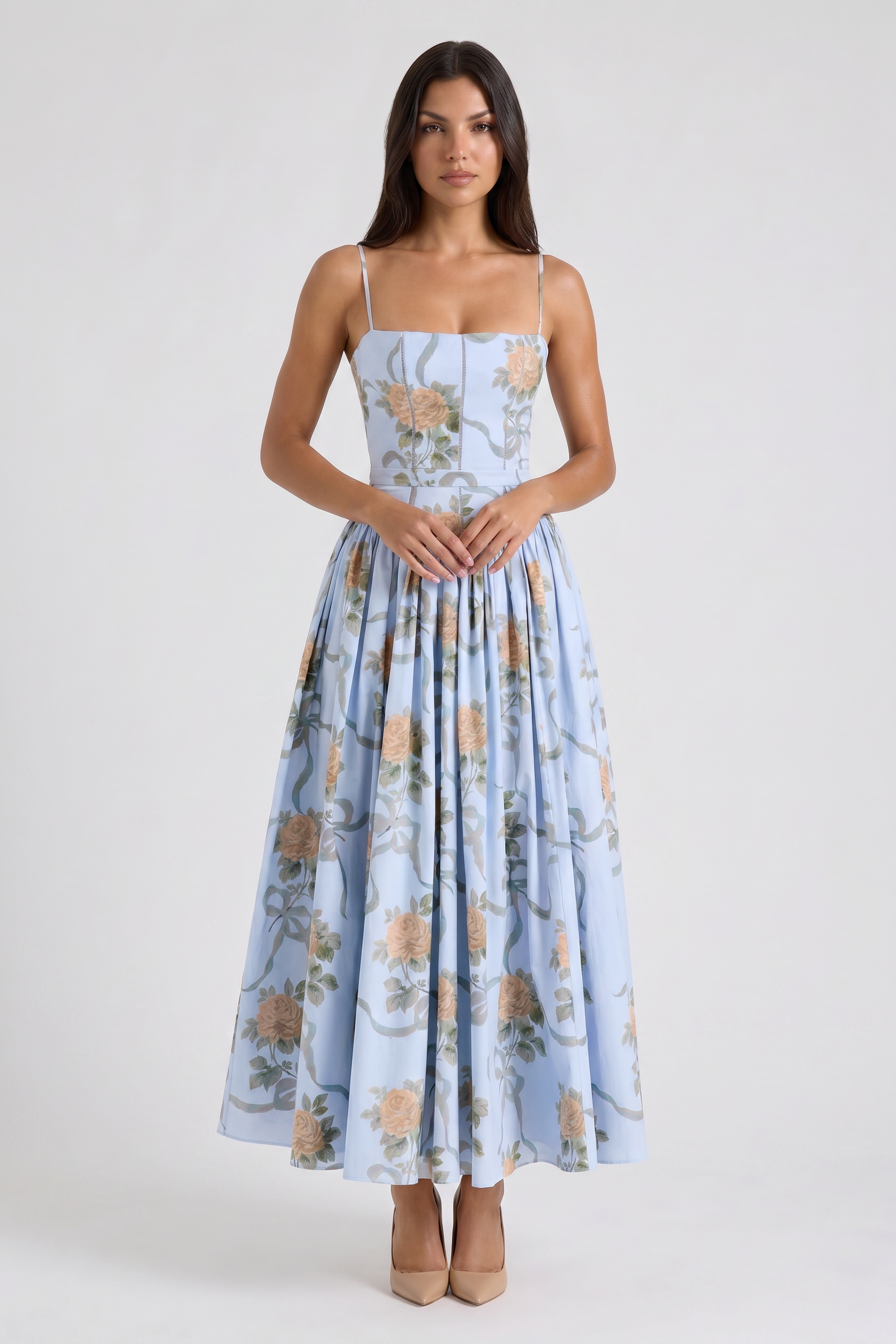 Abito maxi Imogen bianco chewing-gum Bella di Roma – gonna plissettata