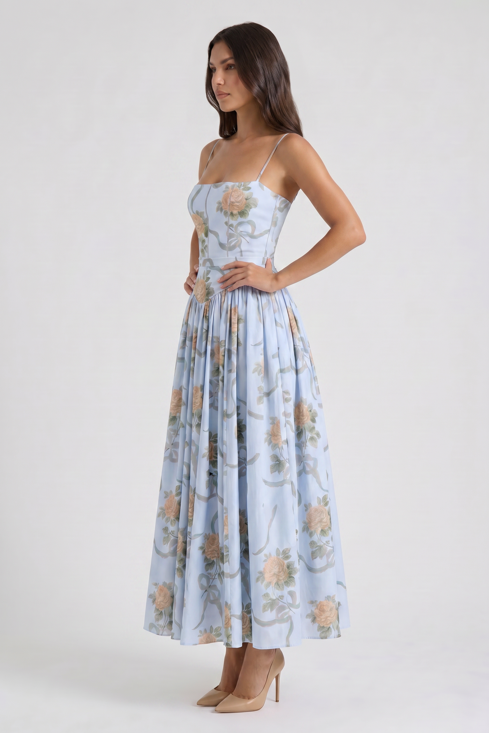 Abito maxi Imogen floreale beige Bella di Roma – corsetto aderente