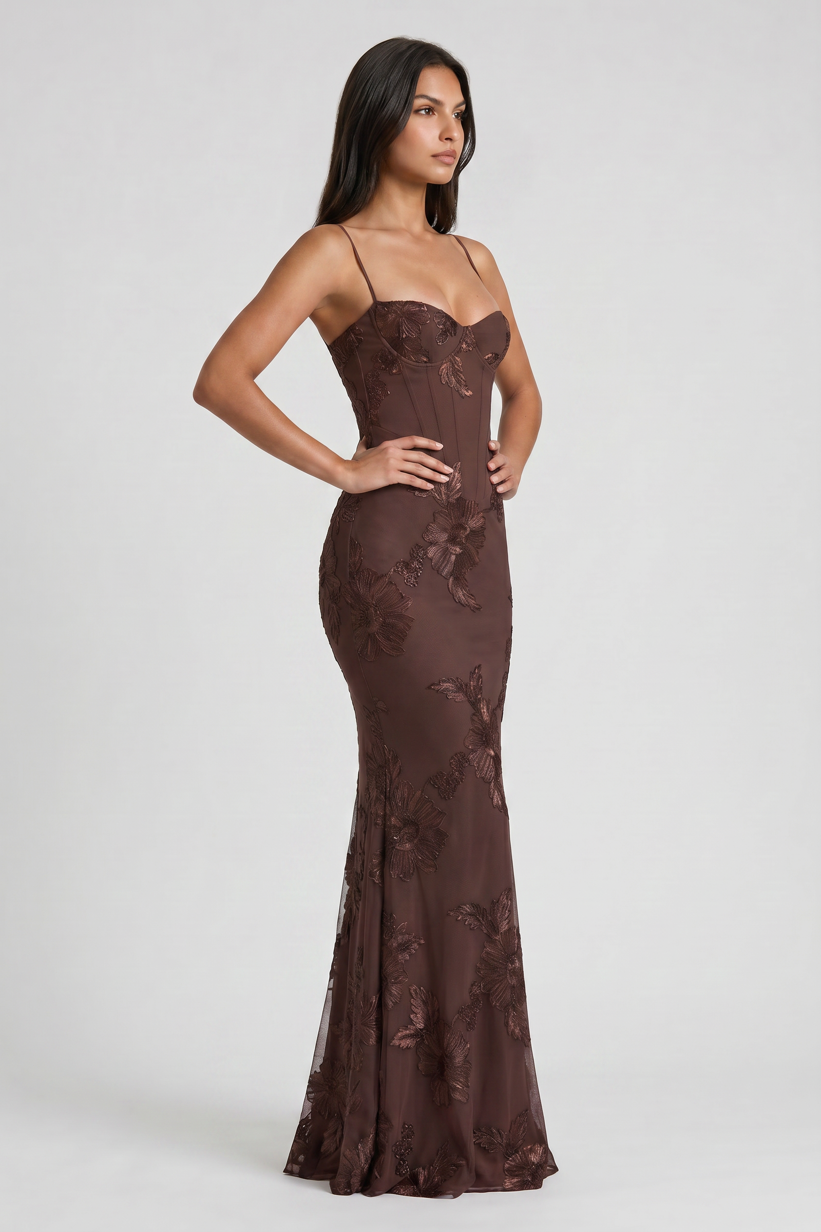 Abito maxi Mirelle floreale bordeaux Bella di Roma – drappeggio gonna