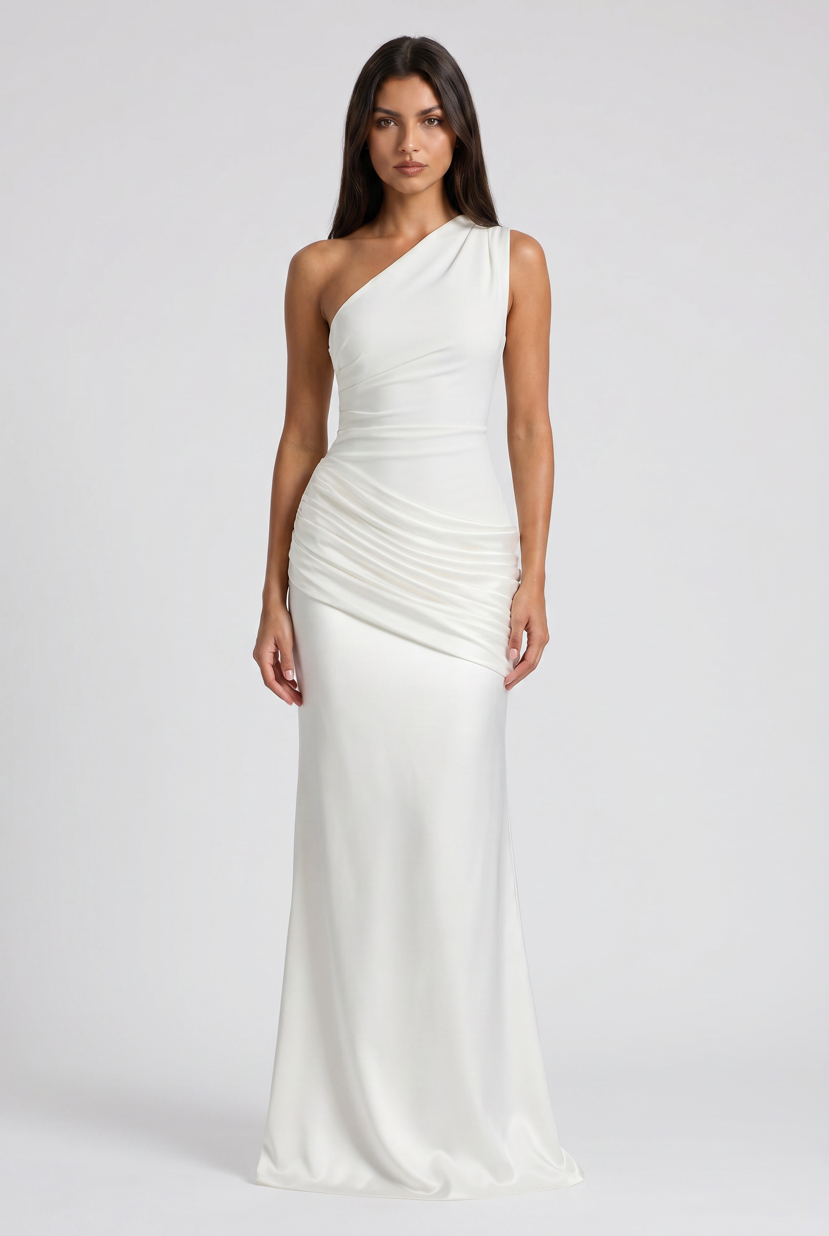 Abito maxi Abbey monospalla bianco Bella di Roma – gonna satin fluida