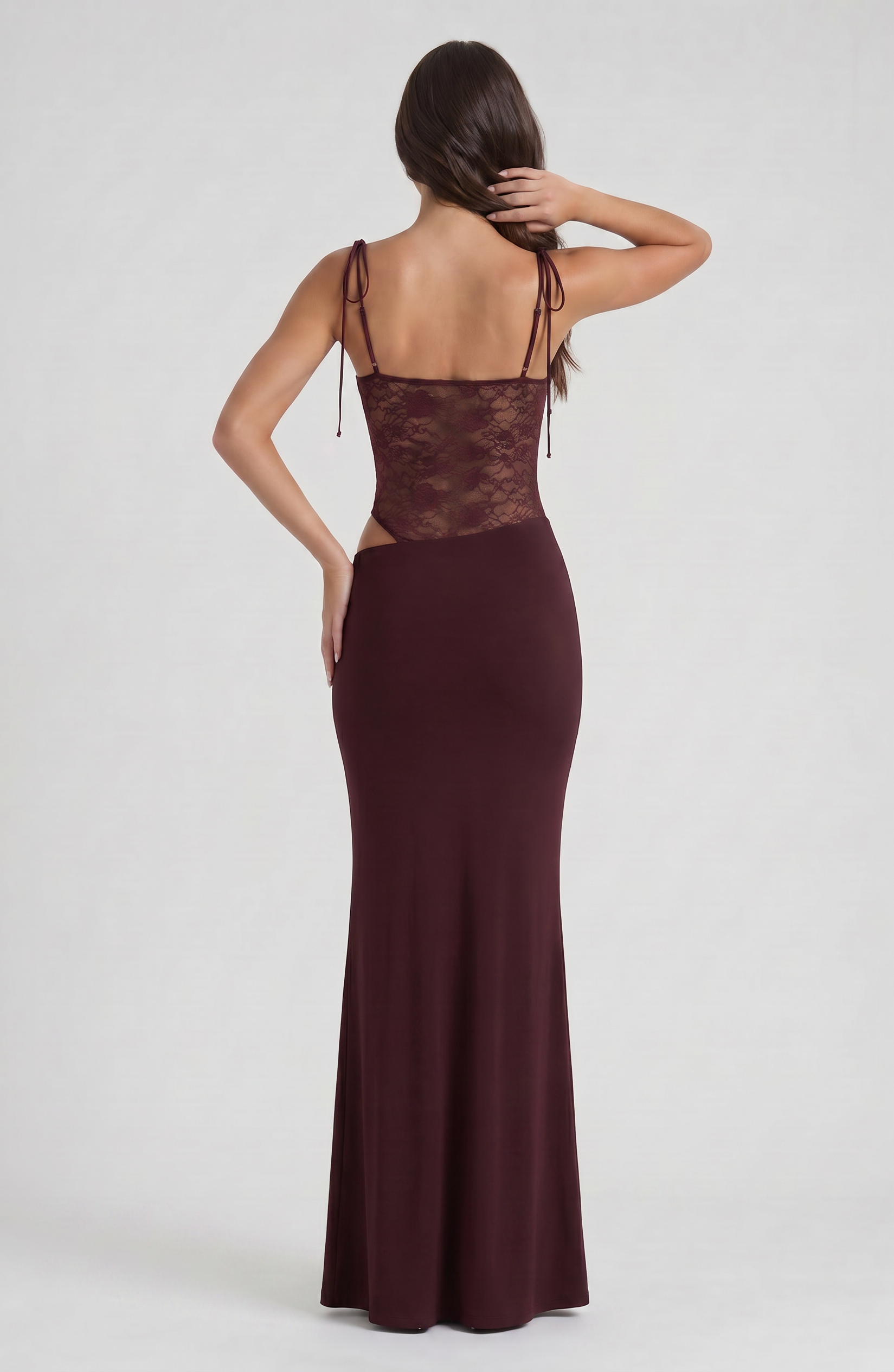 Abito maxi Valeria borgogna pizzo Bella di Roma – dettaglio pizzo pregiato