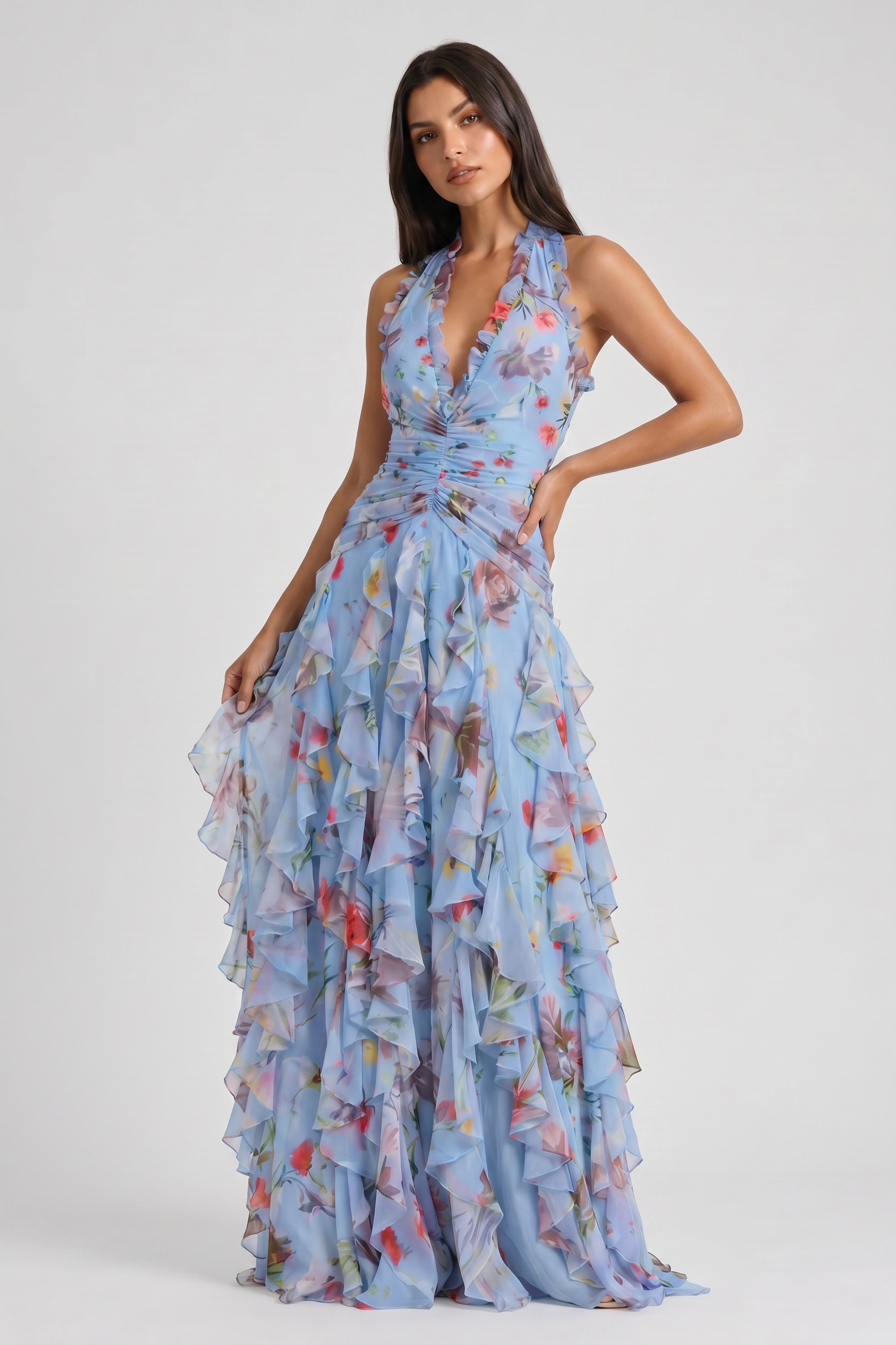 Abito maxi Belladina floreale rosa Bella di Roma – silhouette fluida