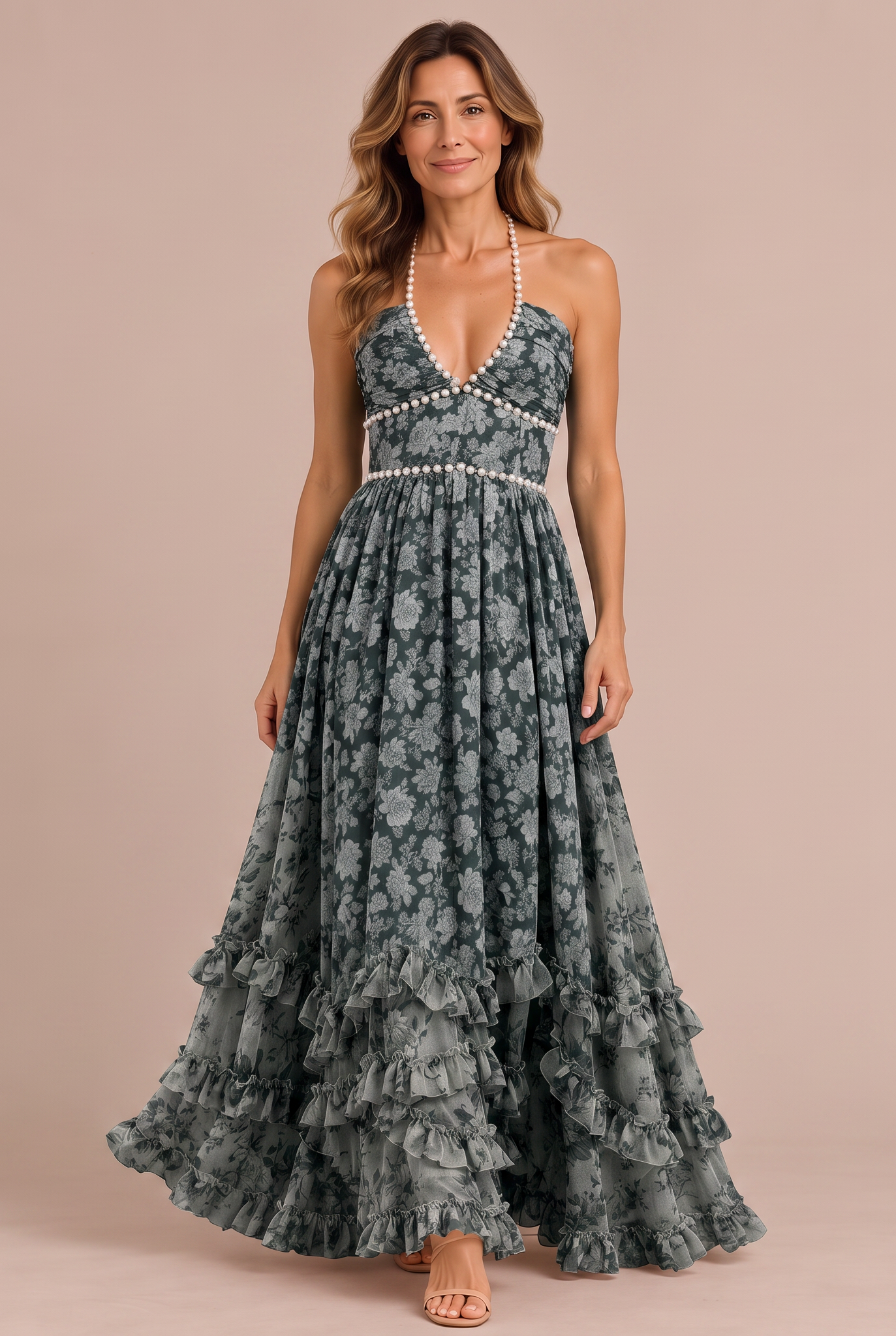 Elena – Vestito Maxi Floreale con Spallina e Perle – Verde Salvia Floreale | Bella di Roma