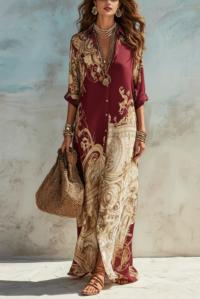 Vestito maxi con stampa paisley bordeaux, scollo a V e manica lunga