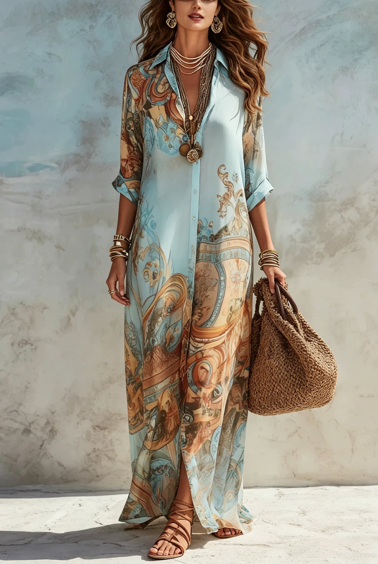 Vestito maxi con stampa paisley azzurra, scollo a V e manica lunga