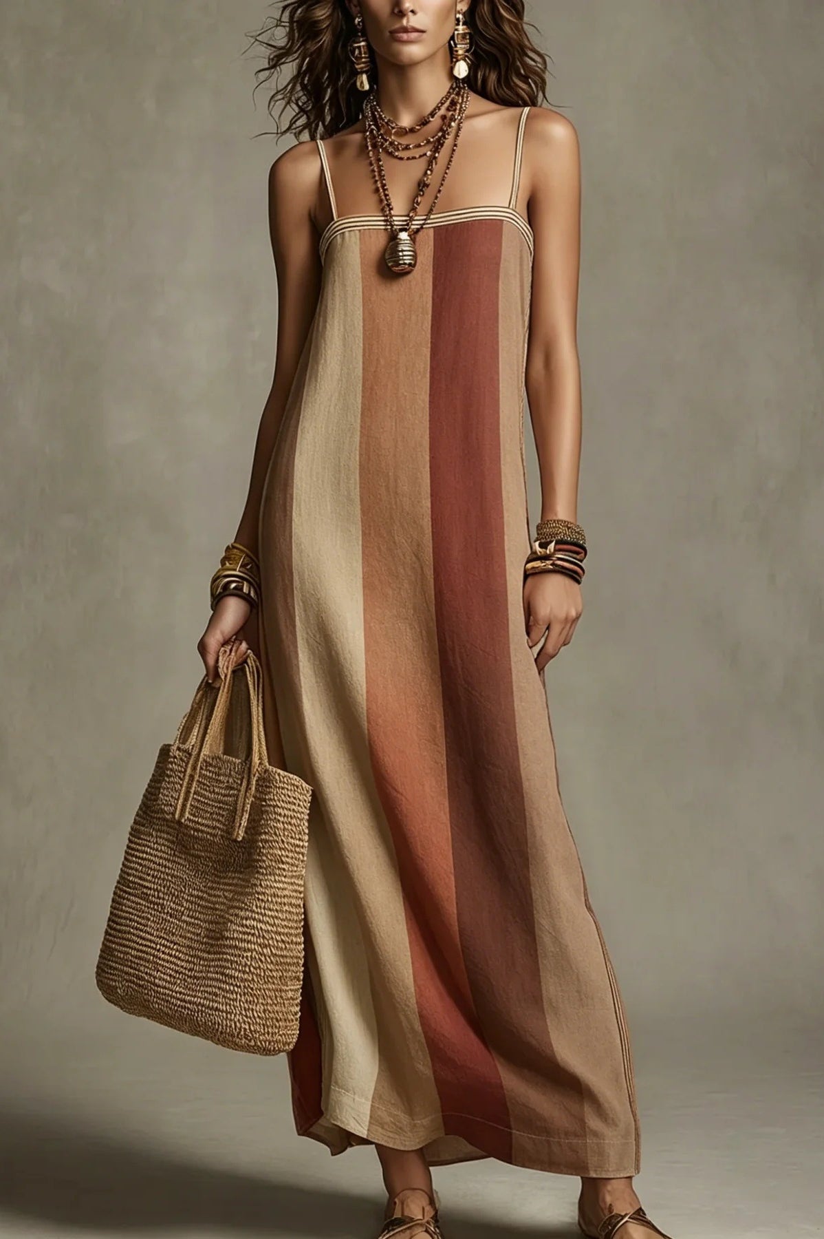 Abito maxi boho colorblock - Verde oliva / Terracotta | Bella di Roma
