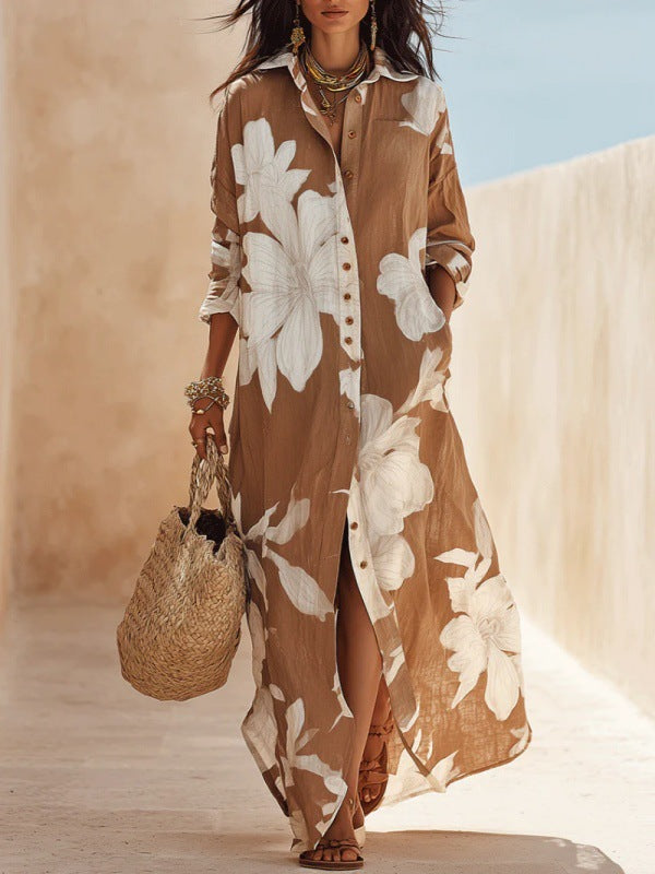 Abito camicia maxi floreale manica corta beige con fiori bianchi | Bella di Roma