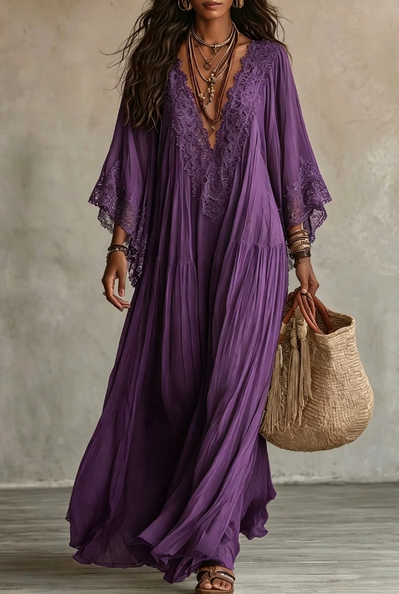 Abito maxi boho con maniche larghe e ricami - colore viola | Bella di Roma