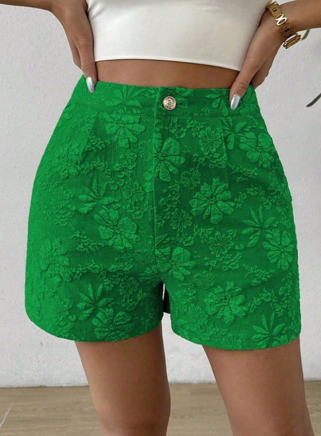 Short floreale in jacquard con bottone - colore verde | Bella di Roma