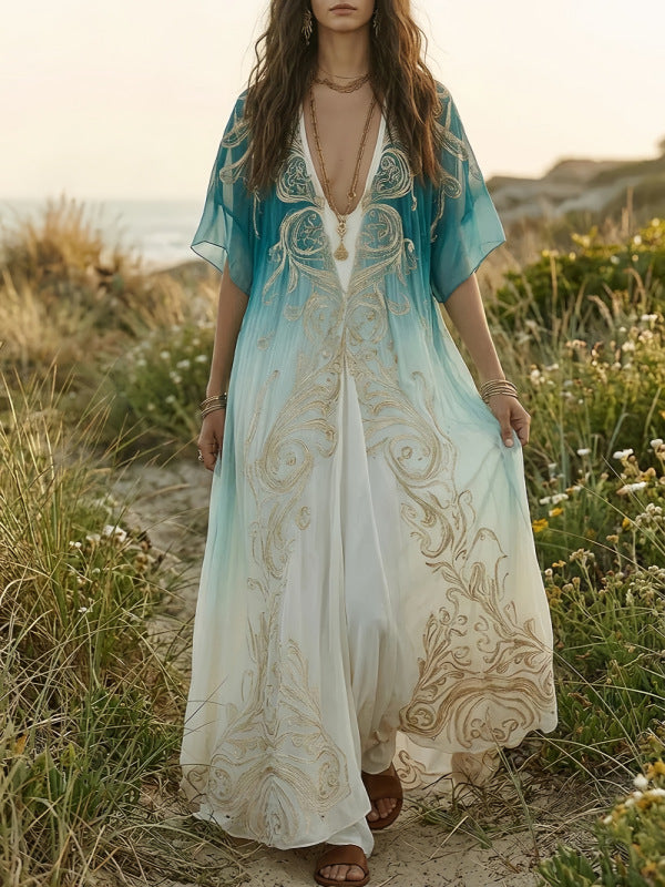 Abito maxi boho azzurro ombré all'aperto, look estivo bohémien - Bella di Roma