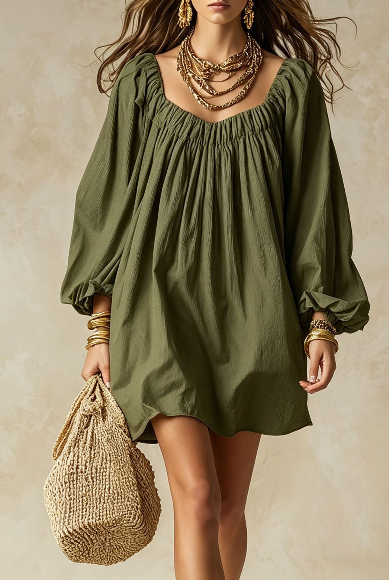 Abito mini oversize scollo arricciato maniche palloncino - Verde oliva | Bella di Roma